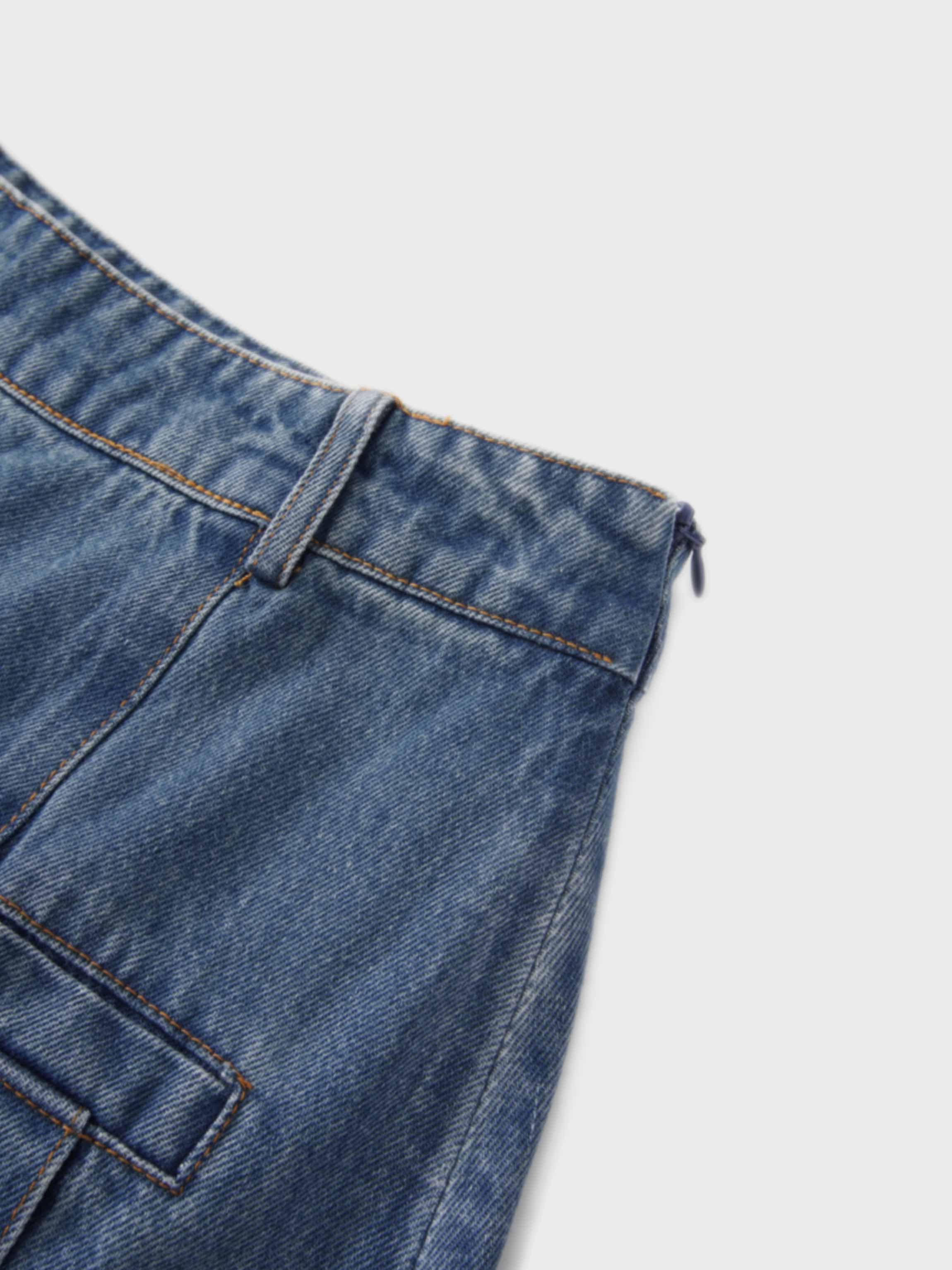 Pleat Pocket Tab Denim Skirt-Blue