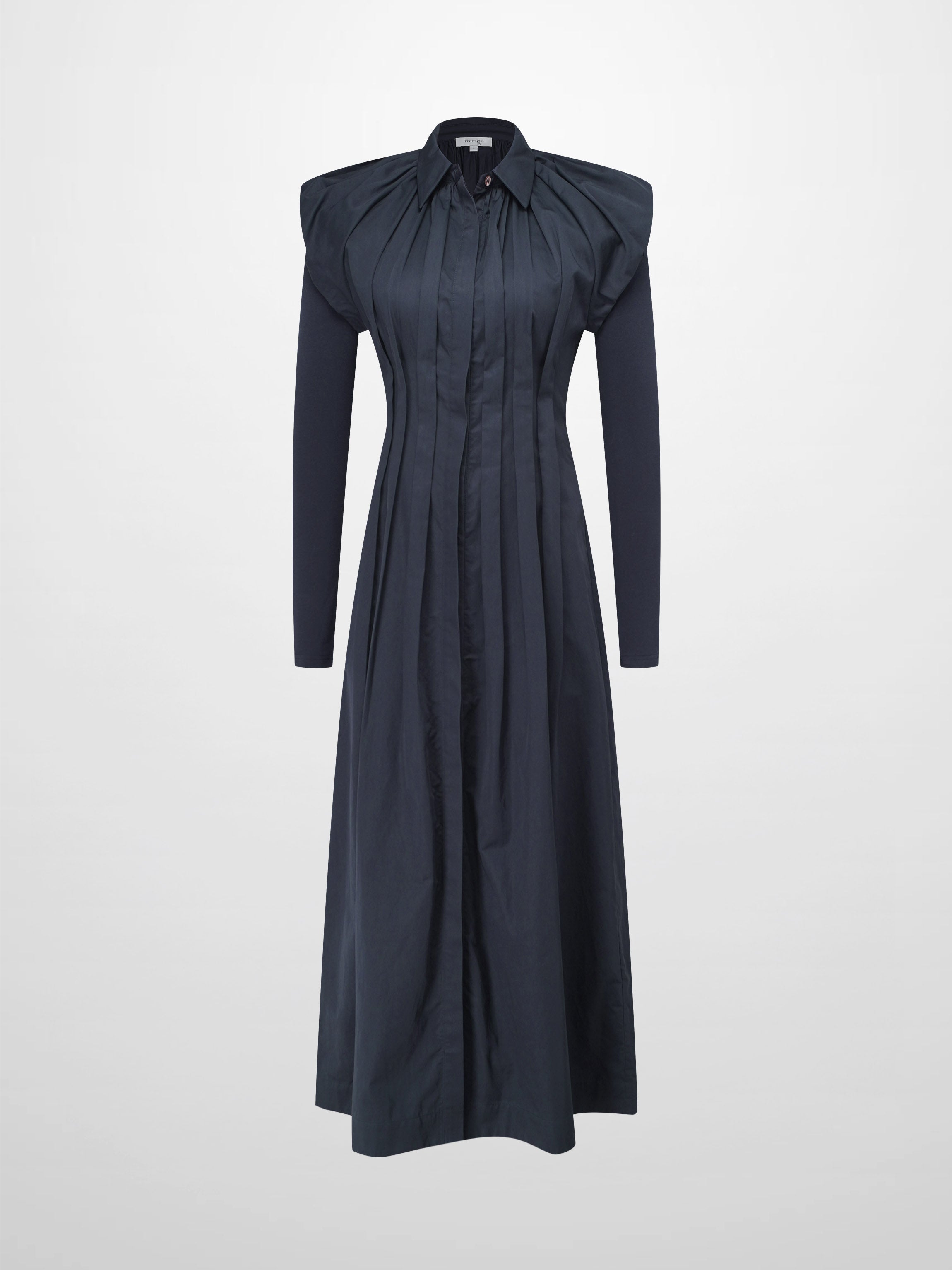 Pleat Front Button Down Dress-Navy