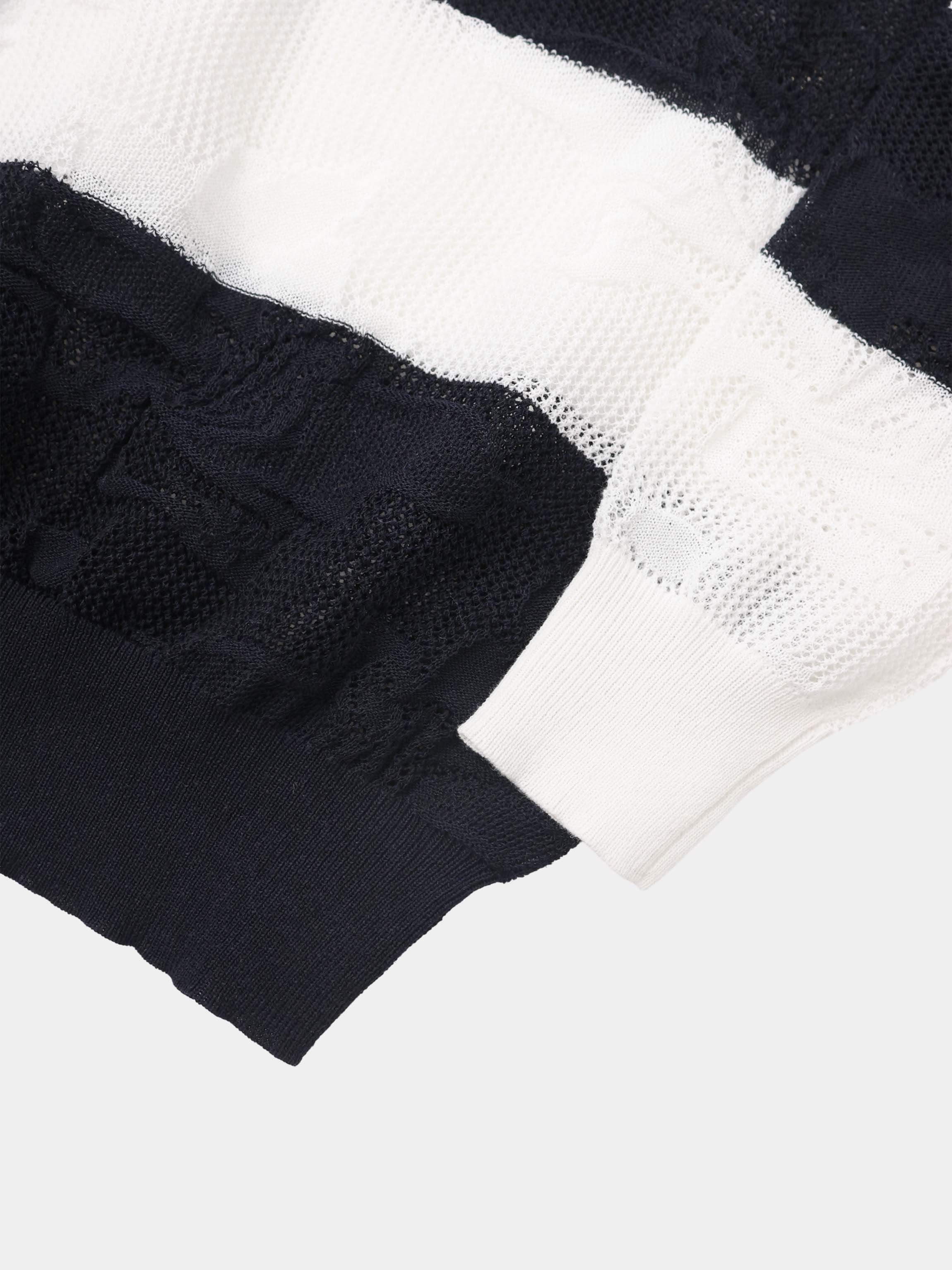 Mesh Floral Polo Top-Black/White Stripe