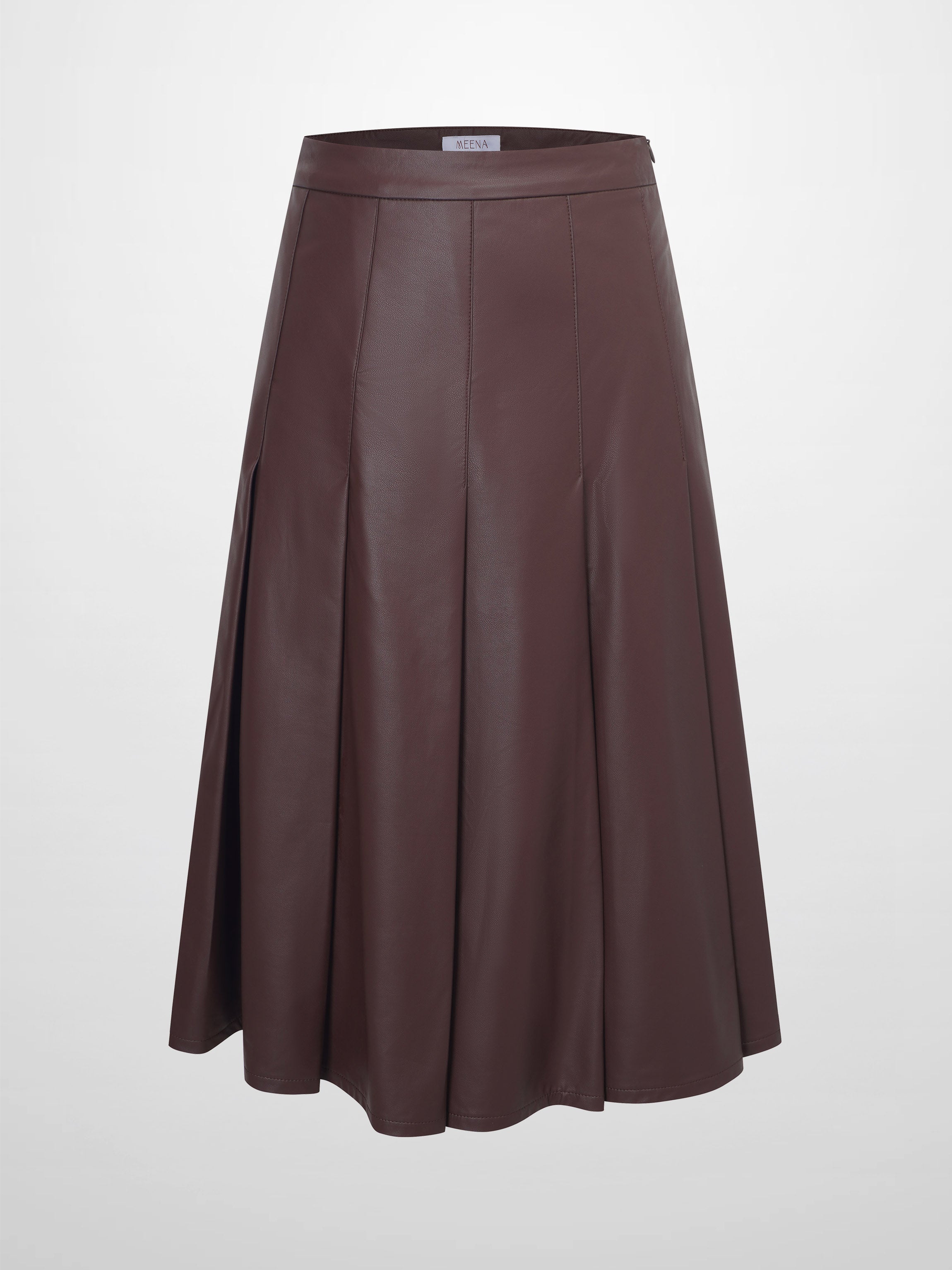 Faux Leather Stitch Down Pleated Skirt-Brown