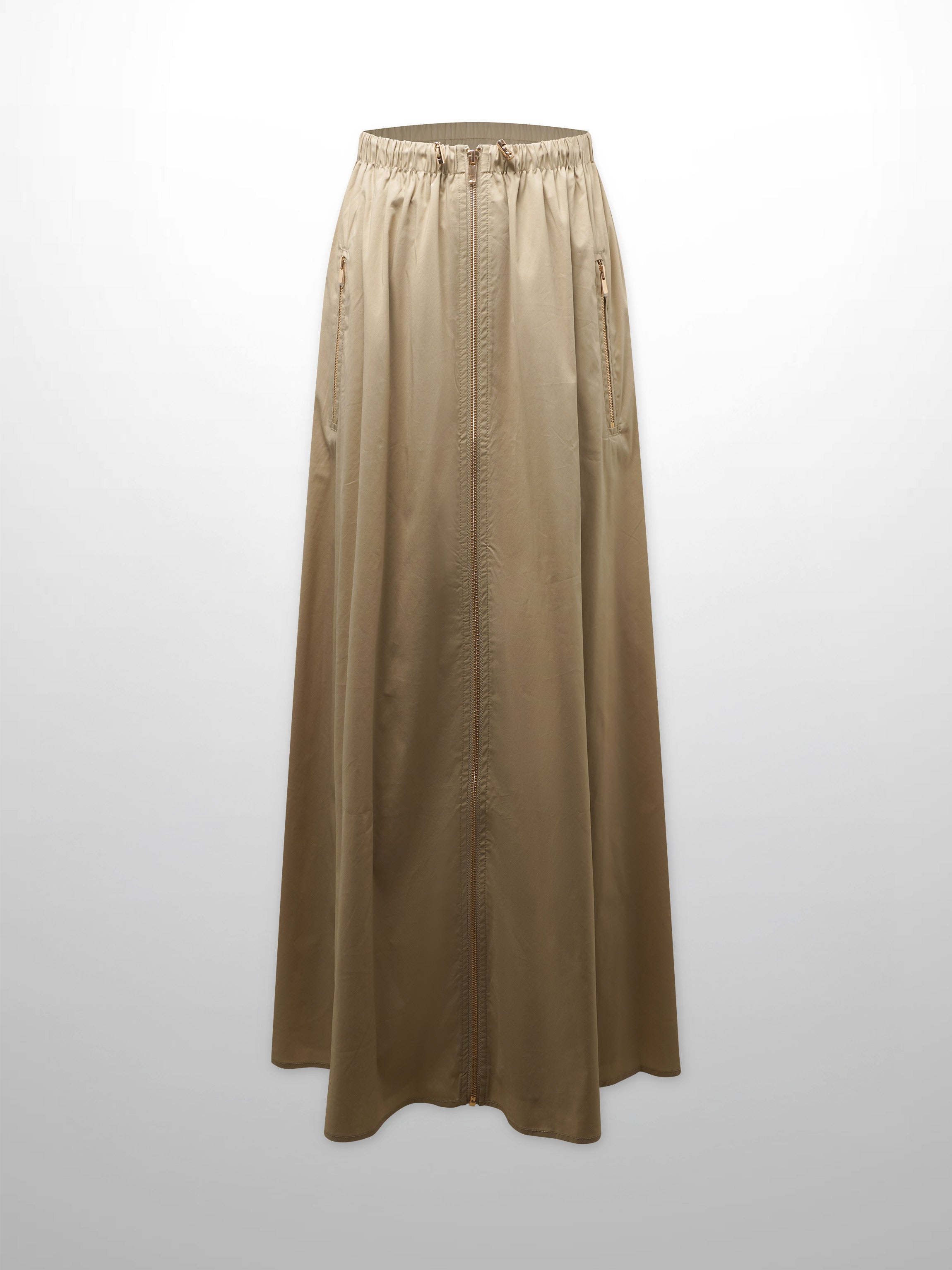 Front Zipper Cotton Circle Skirt-Tan