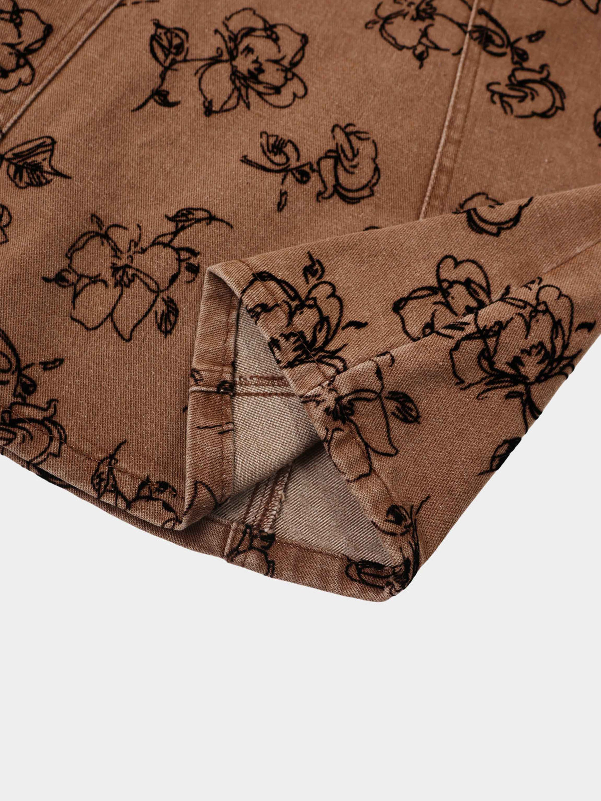 Printed Denim Flare Skirt - Brown/Black Floral