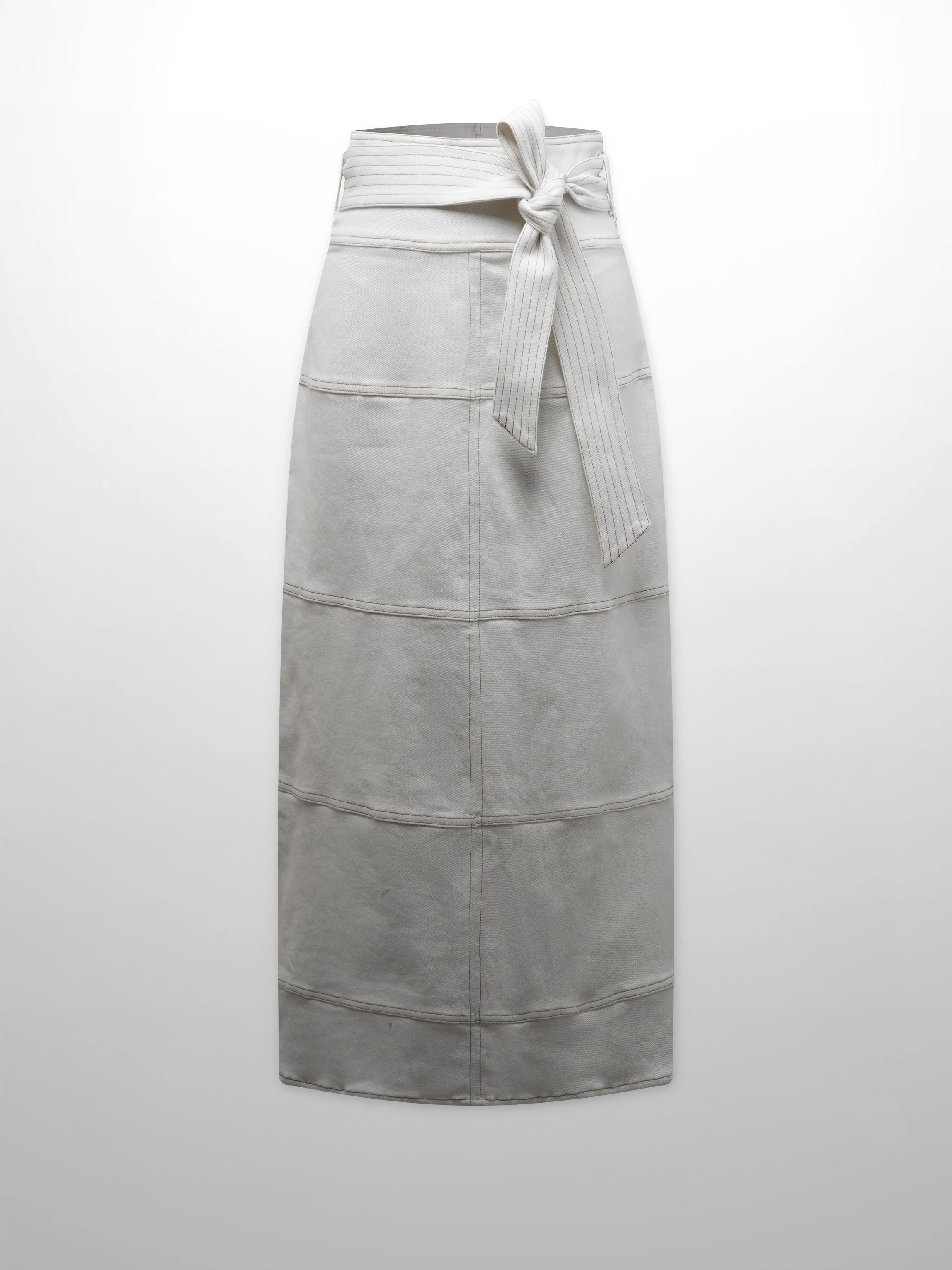 Stitched Tiered Belted Denim Skirt-Cream