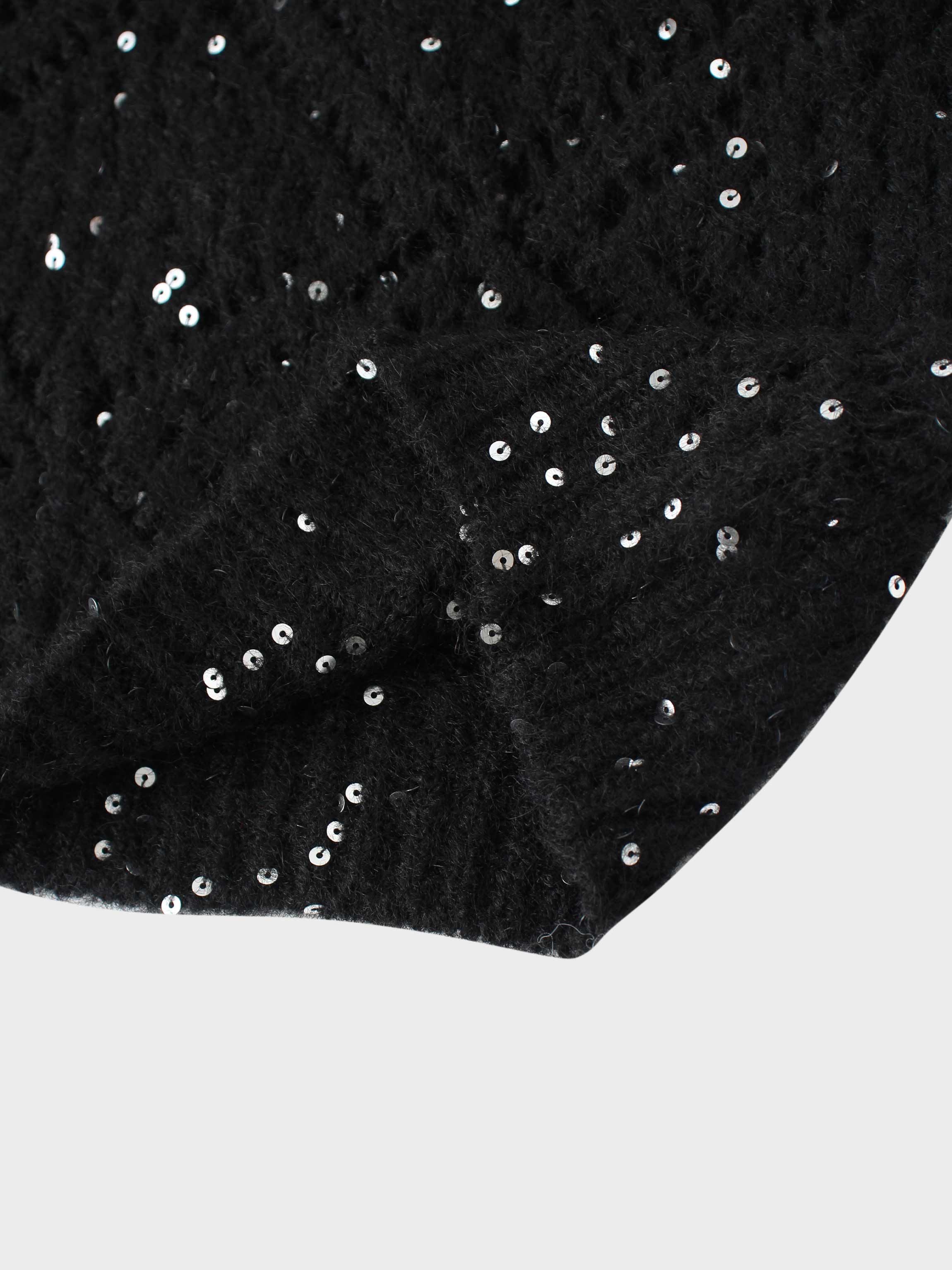 Open Crochet Knit Sequin Sweater-Black