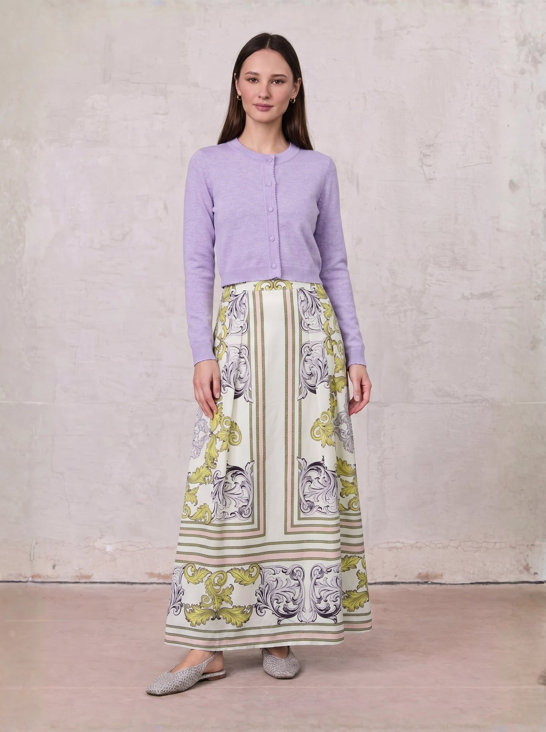 Trim Detail Crew Crop Cardigan-Heathered Lavander