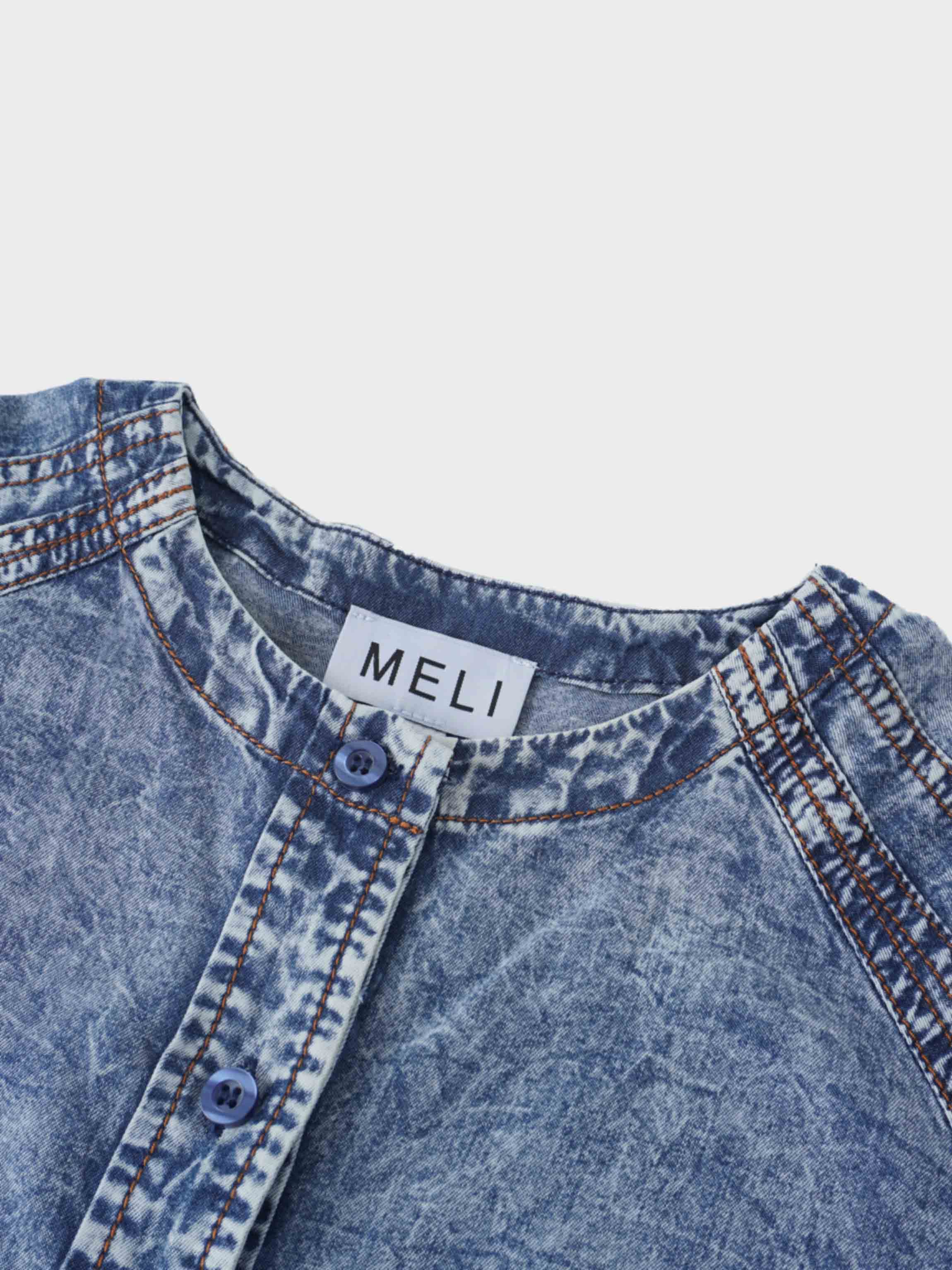 Puff Sleeve Washed Denim Blouse-Blue