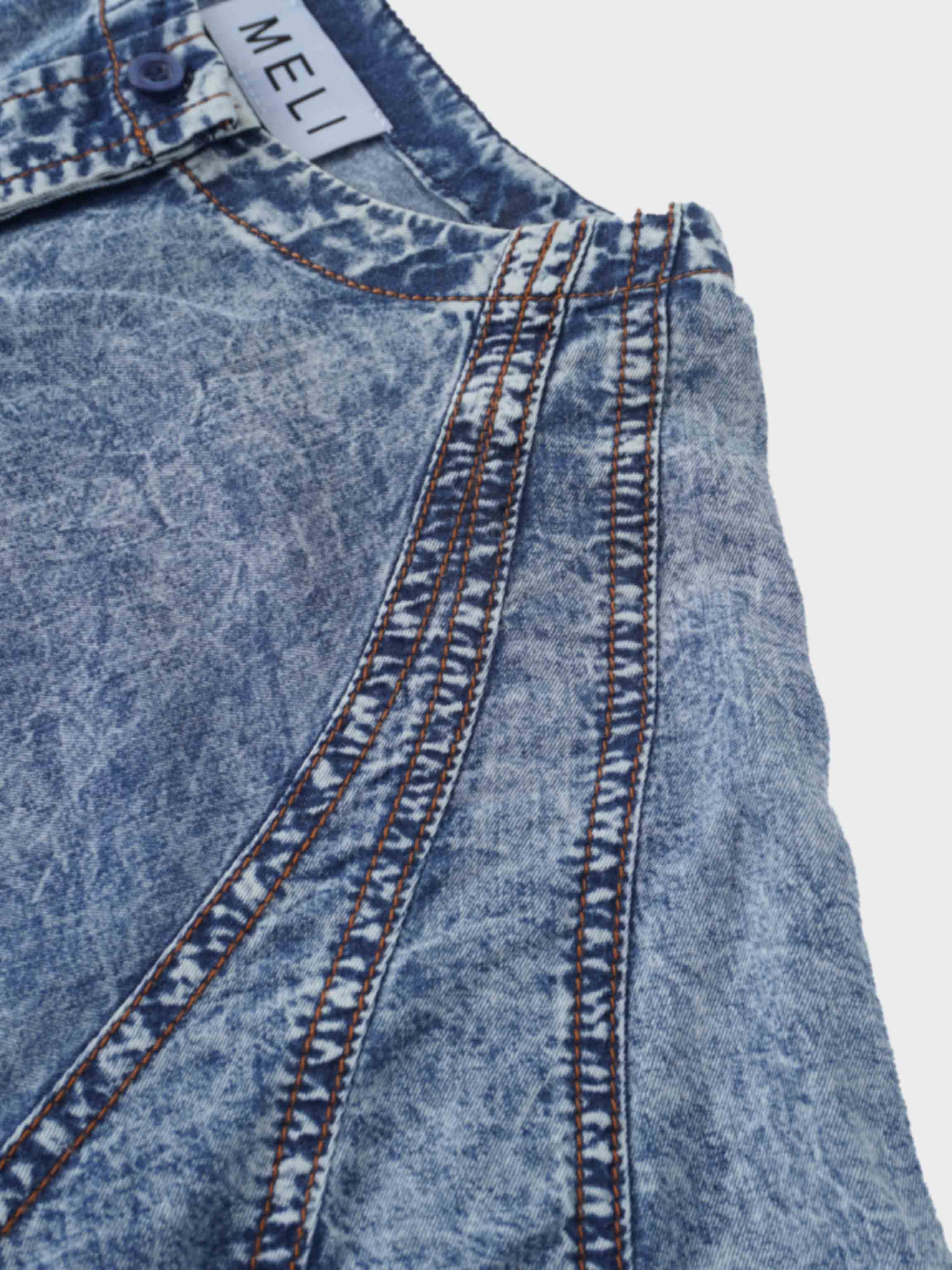 Puff Sleeve Washed Denim Blouse-Blue