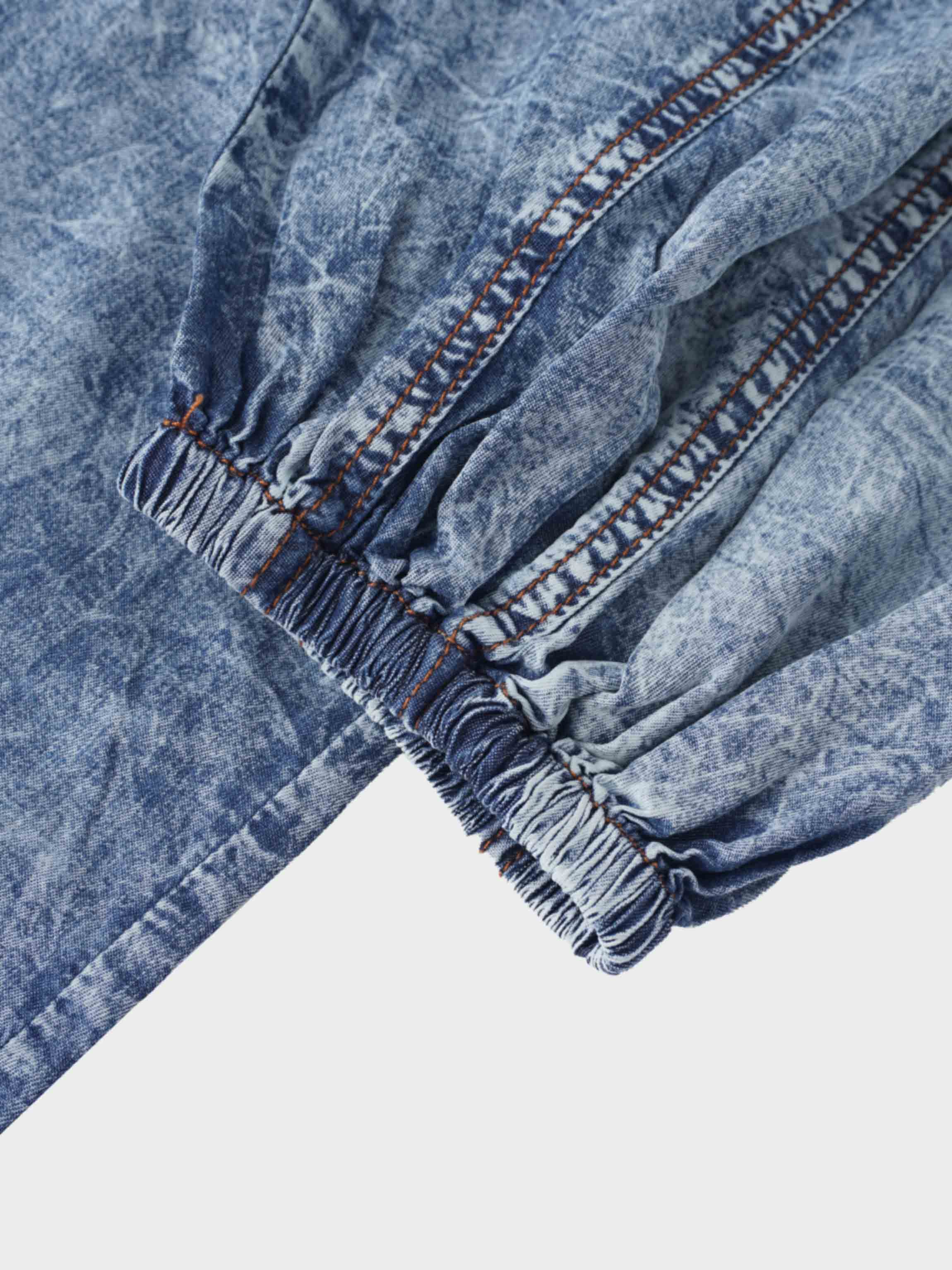 Puff Sleeve Washed Denim Blouse-Blue