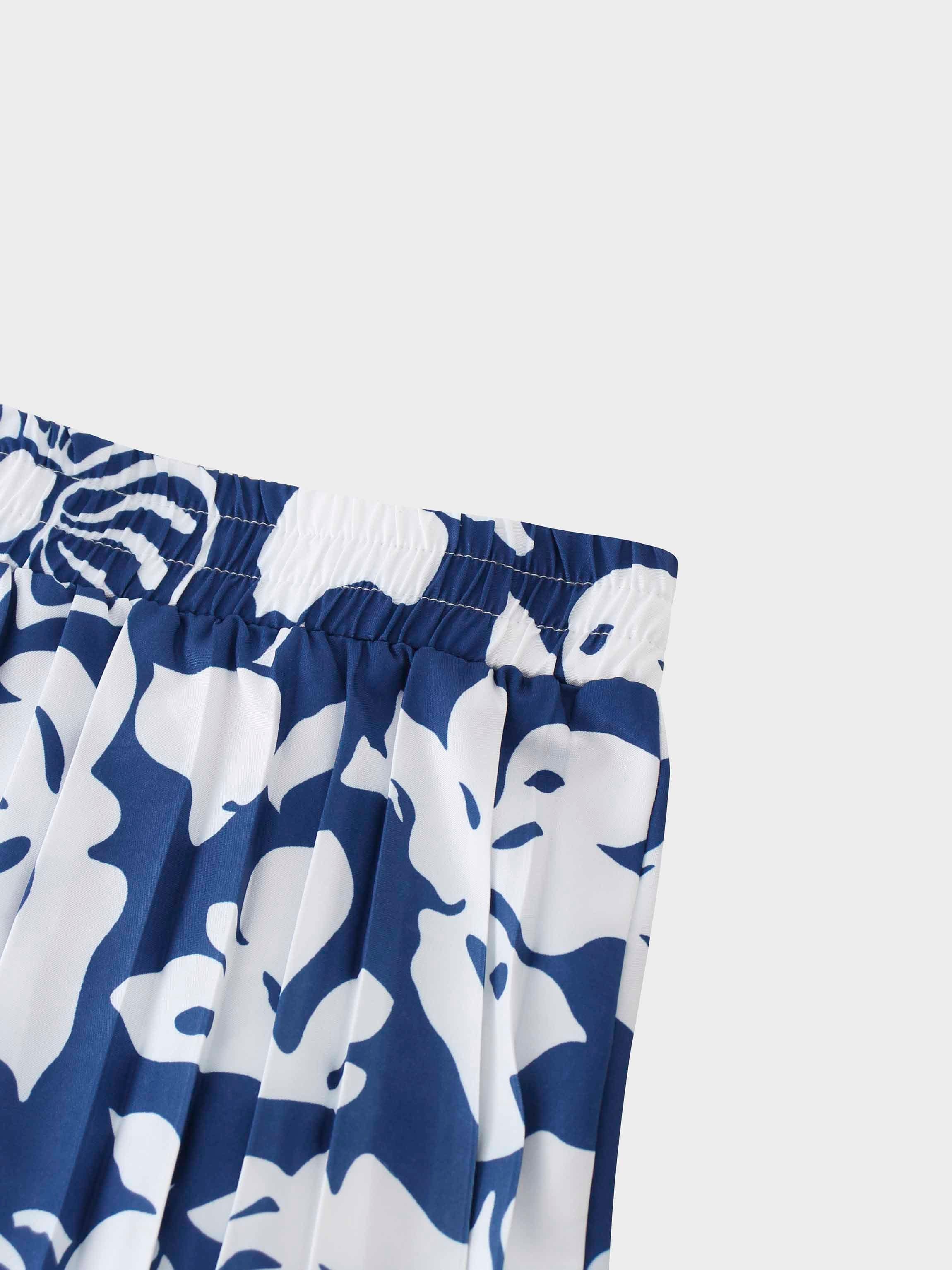 Covered Band Pleated Skirt 37"-Blue Floral