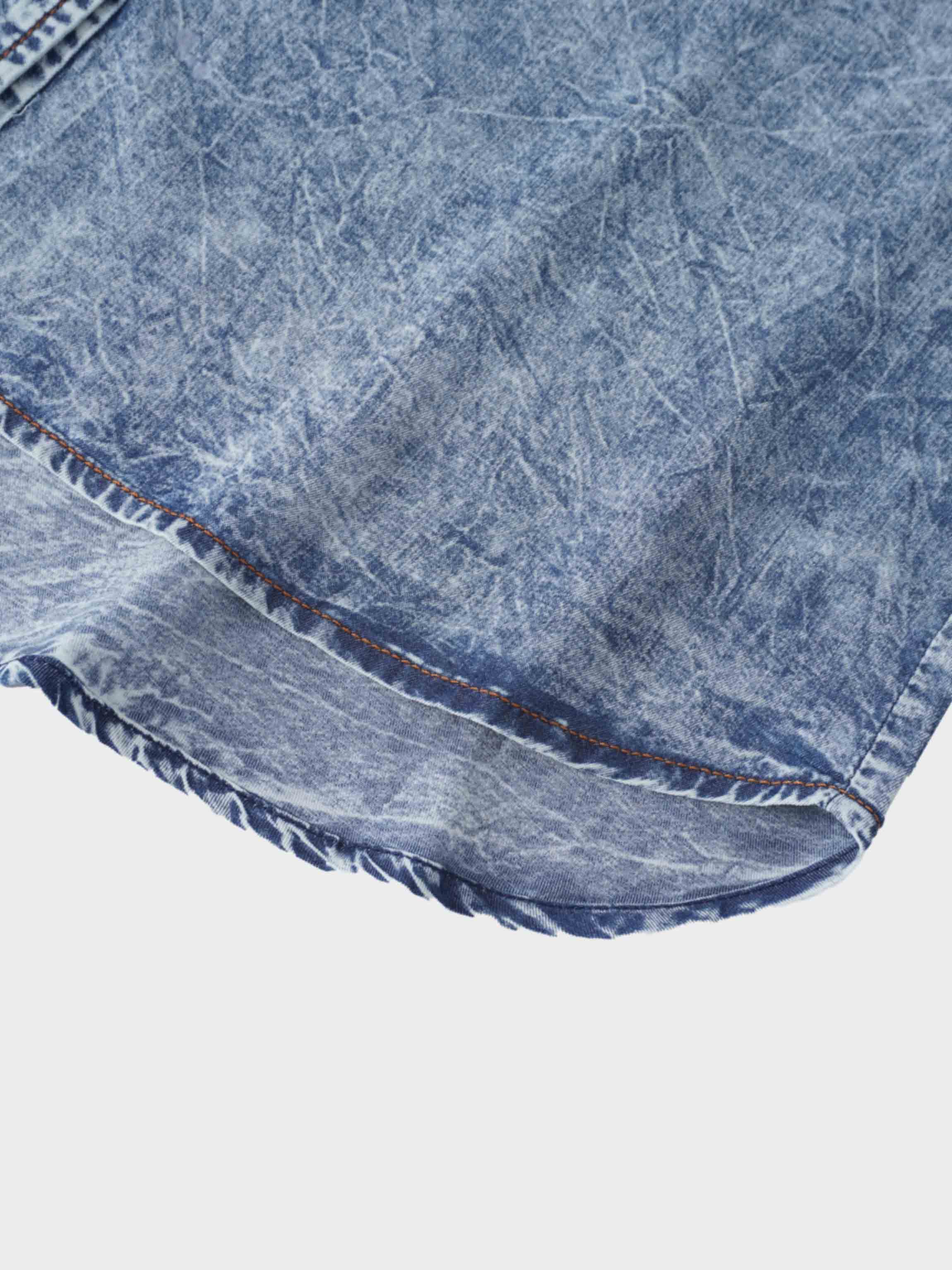 Puff Sleeve Washed Denim Blouse-Blue