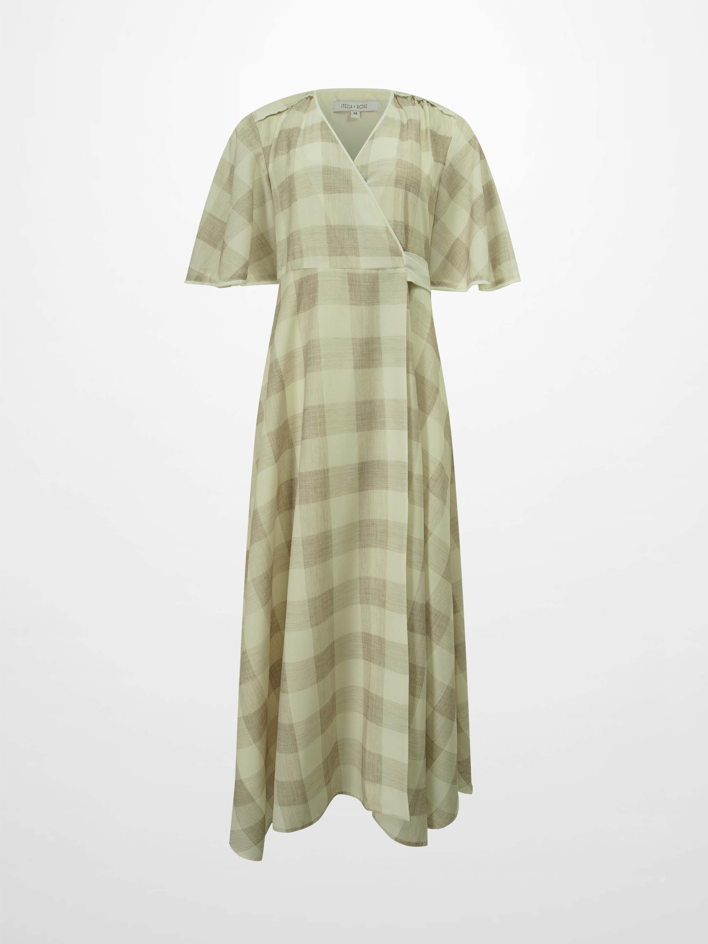 Flutter Sleeve Wrap Dress-Tan Gingham