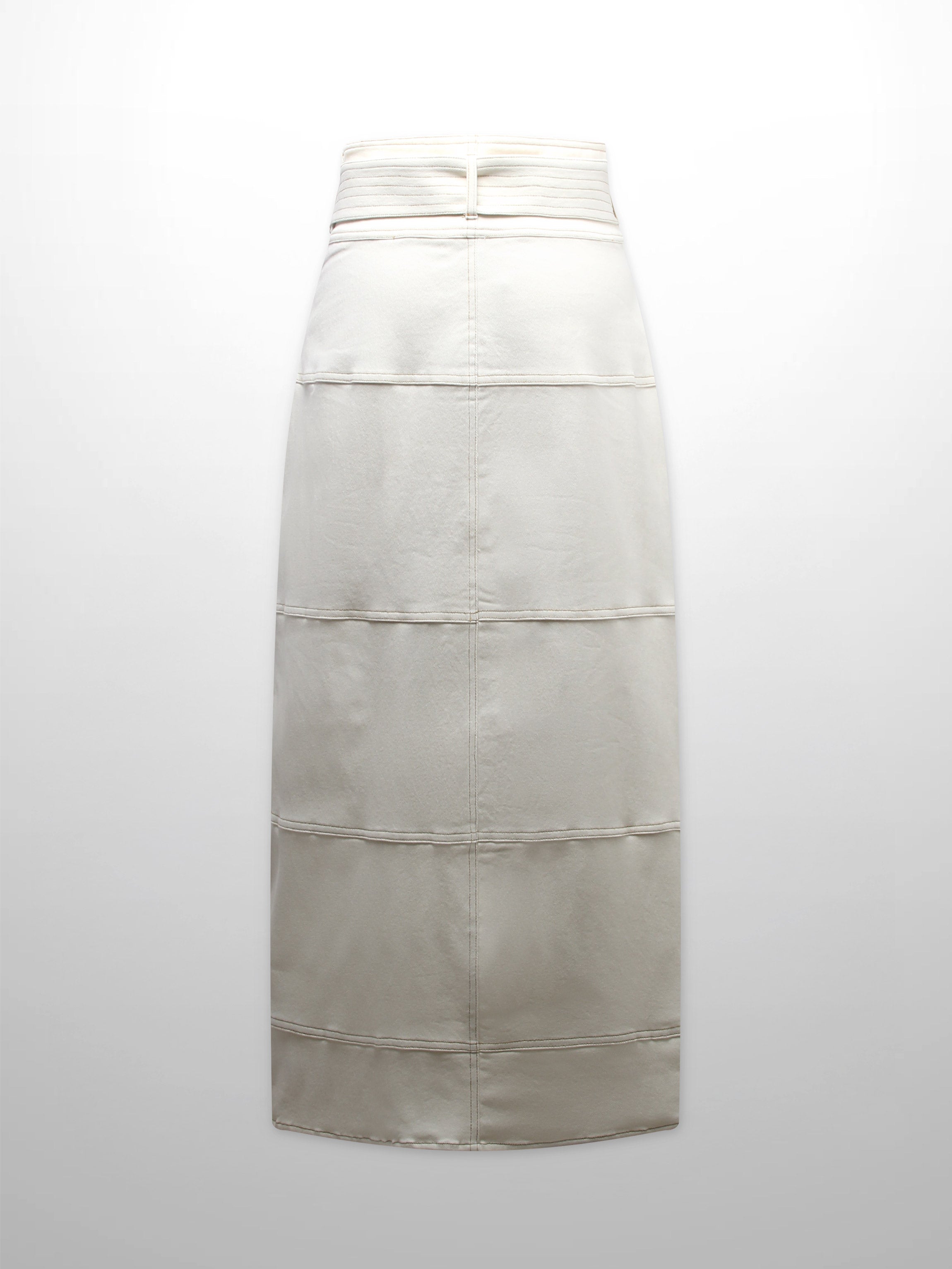 Stitched Tiered Belted Denim Skirt-Cream