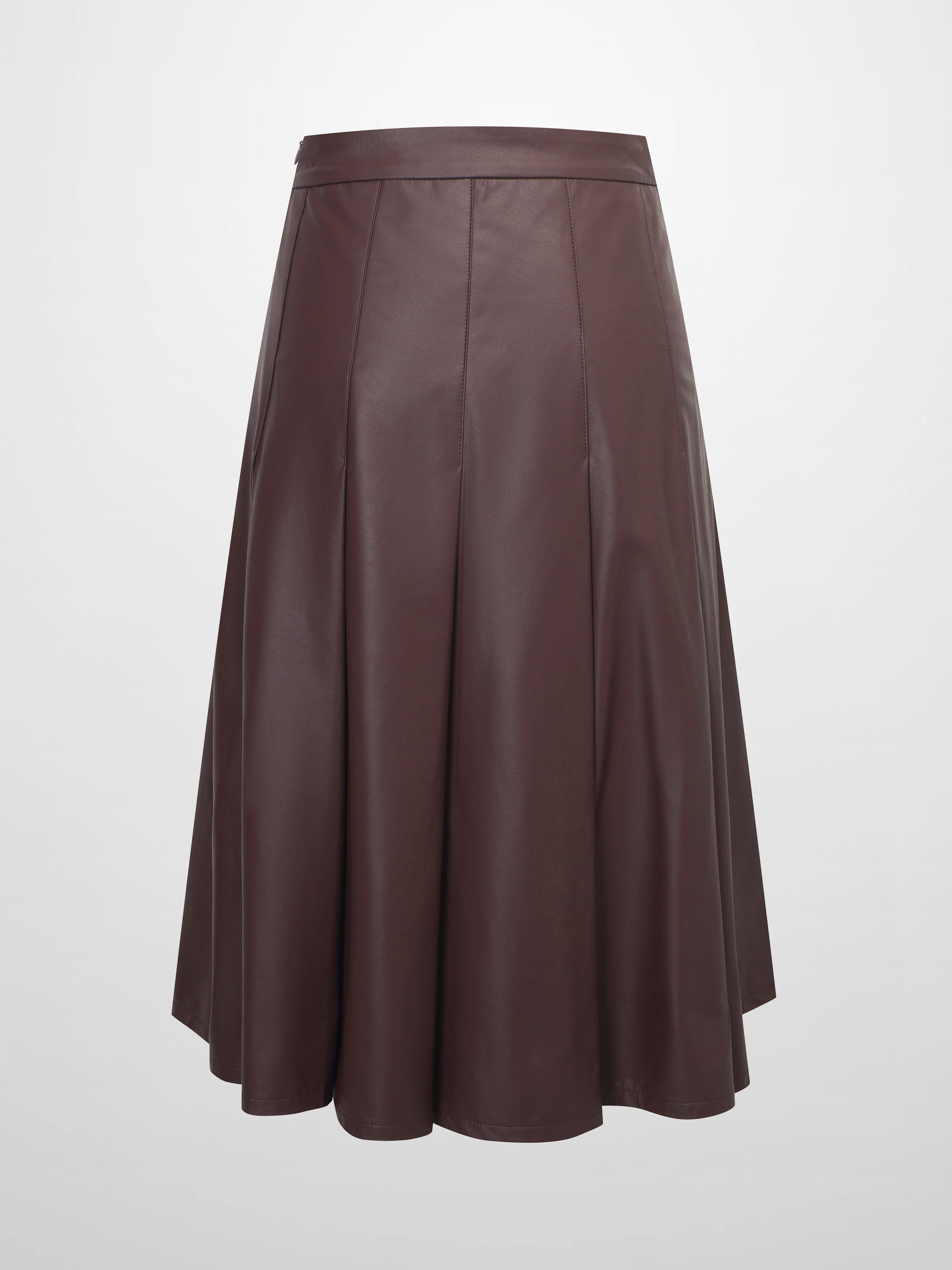 Faux Leather Stitch Down Pleated Skirt-Brown