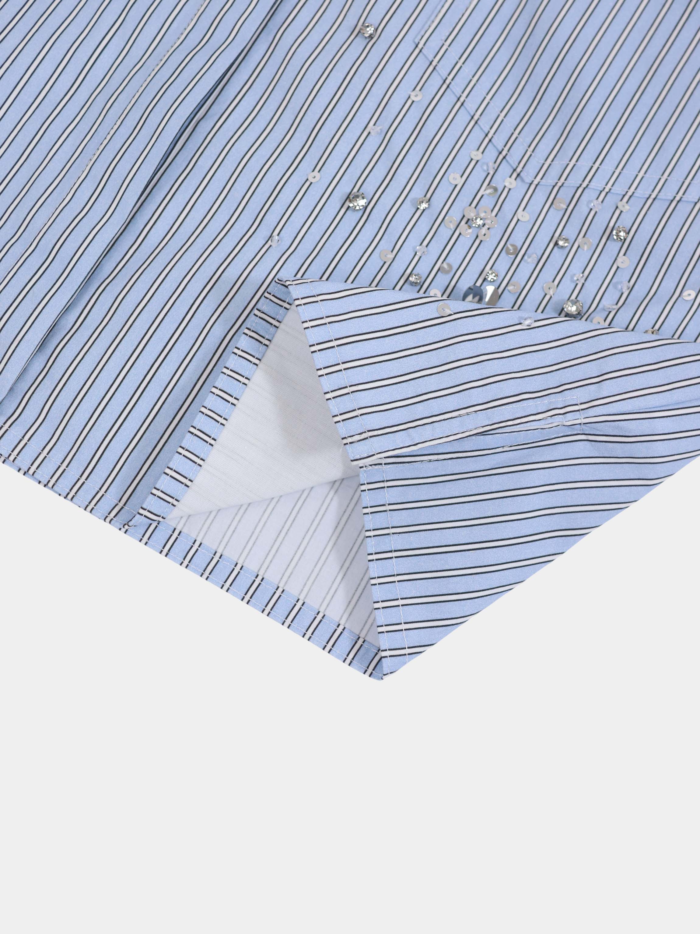 Embelished Pinstripe Crop Blouse-Blue/White