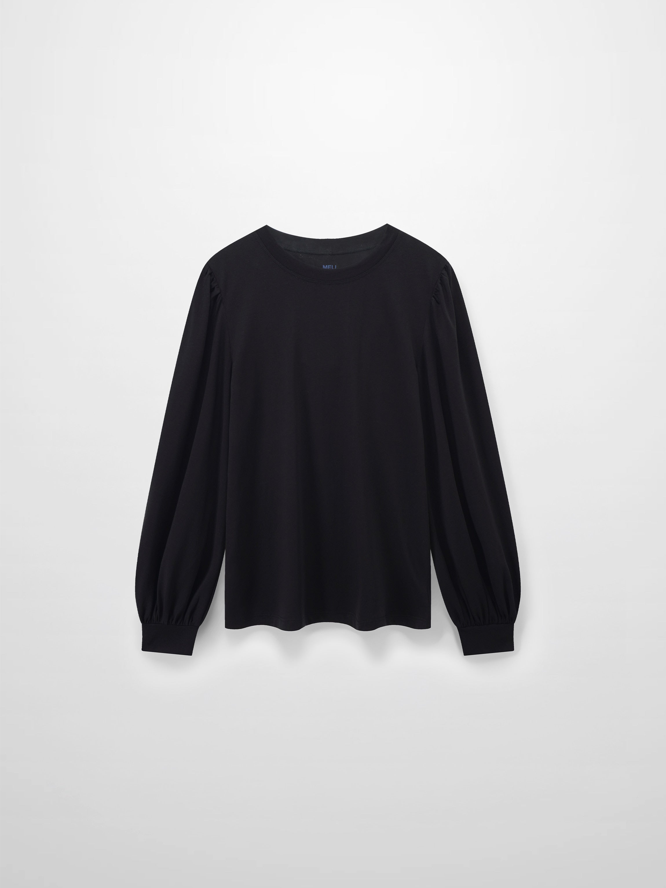 A full, front view of the black, long-sleeved shirt. It shows the puffed shoulders and voluminous sleeves that gather into fitted cuffs.