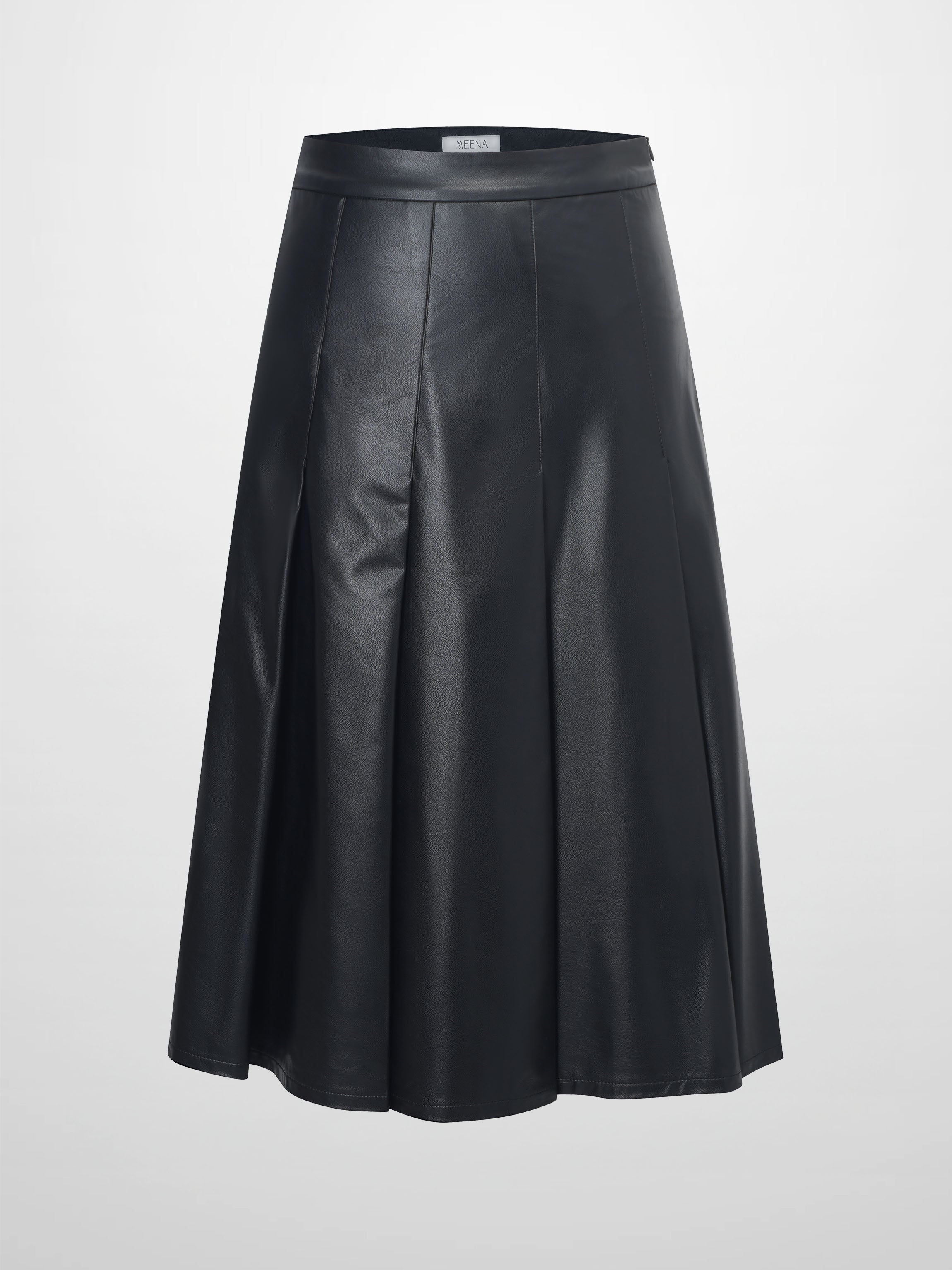 Faux Leather Stitch Down Pleated Skirt-Black