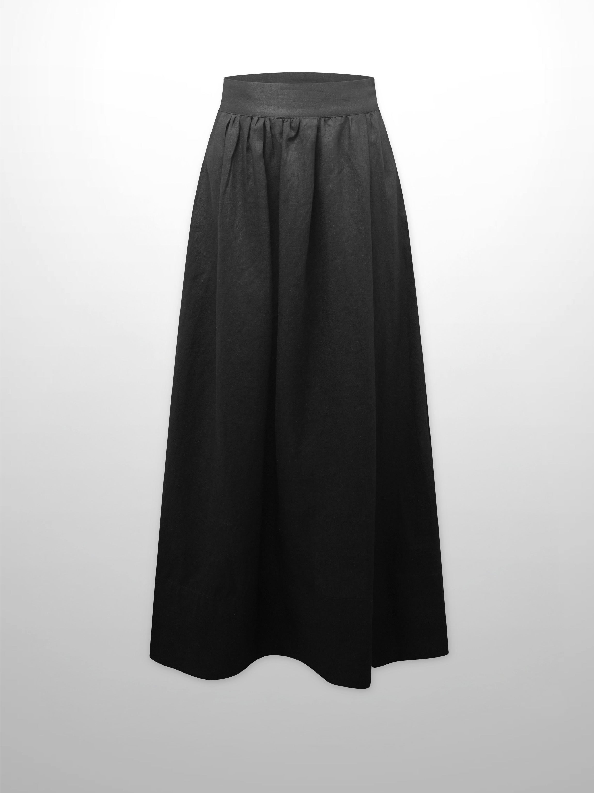 Gathered Waist Linen Skirt-Black