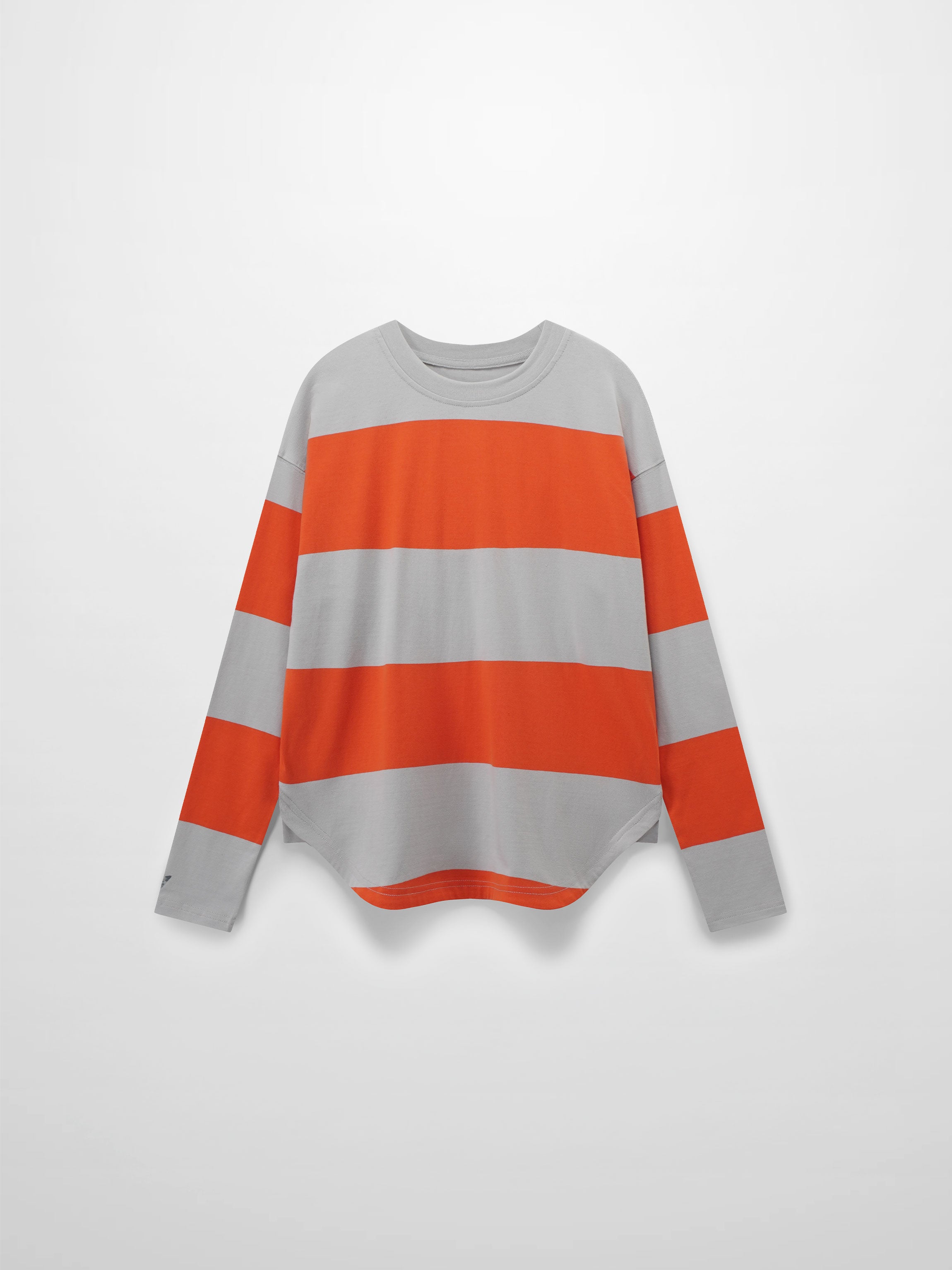 Front of a long-sleeved shirt with horizontal orange and grey stripes.