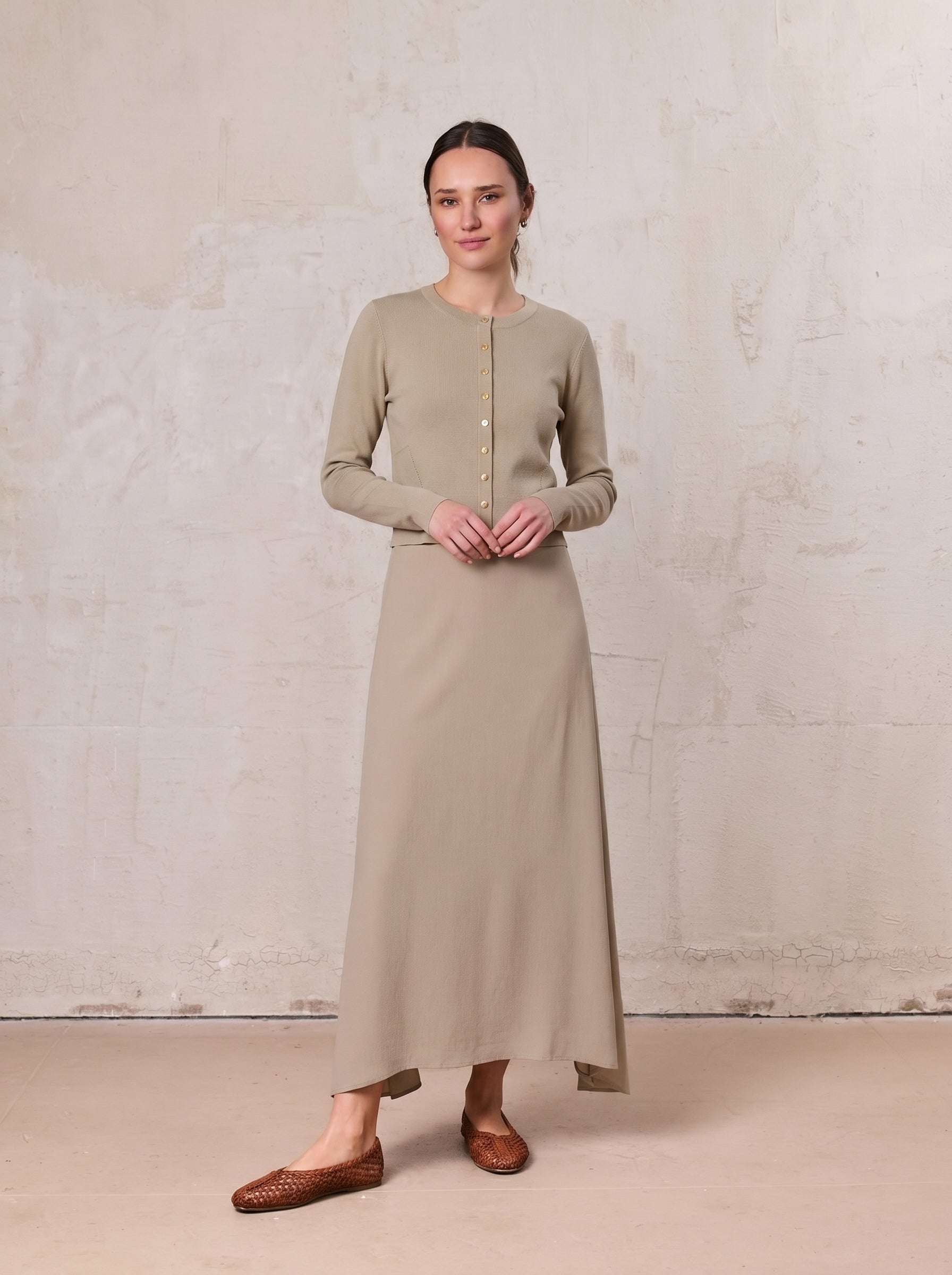 Gold Button Crop Cardigan-Latte