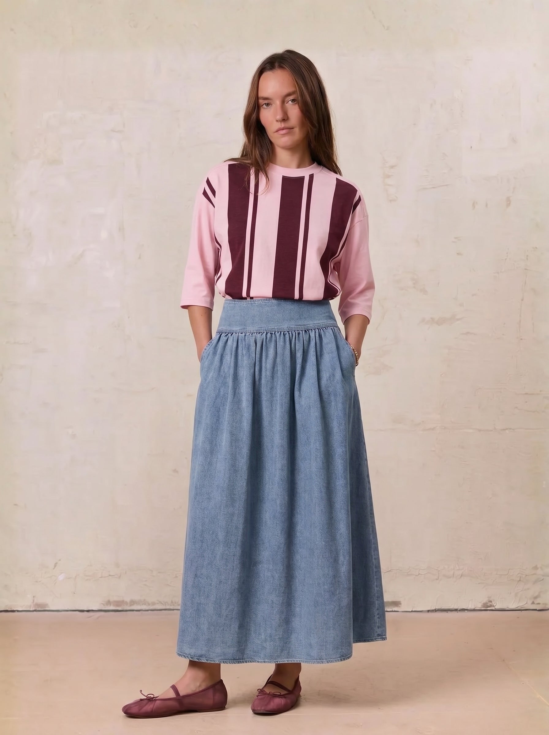 Washed Curved Yoke Denim Skirt-Light Blue