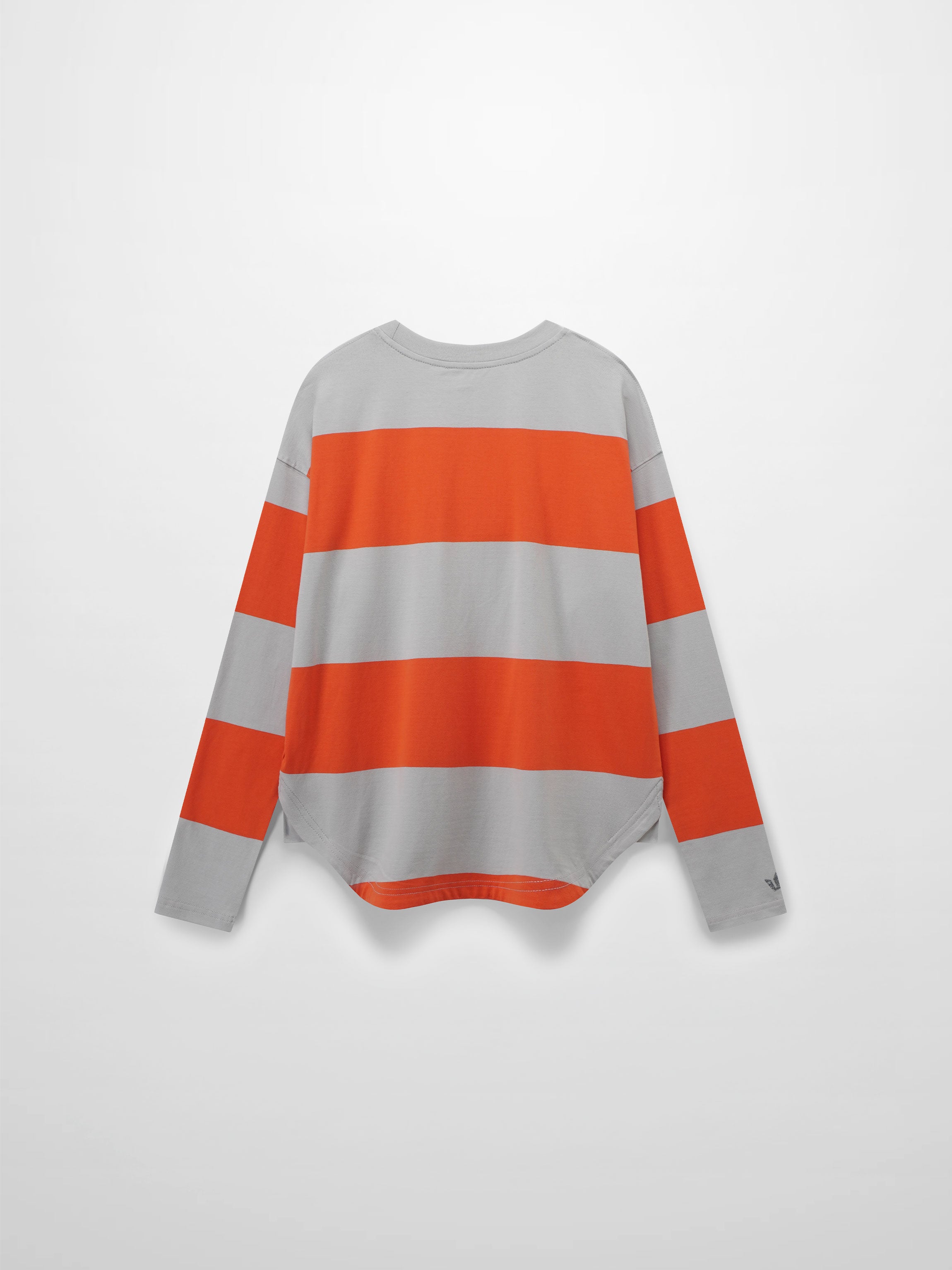 Back of a grey and orange striped long-sleeve shirt.