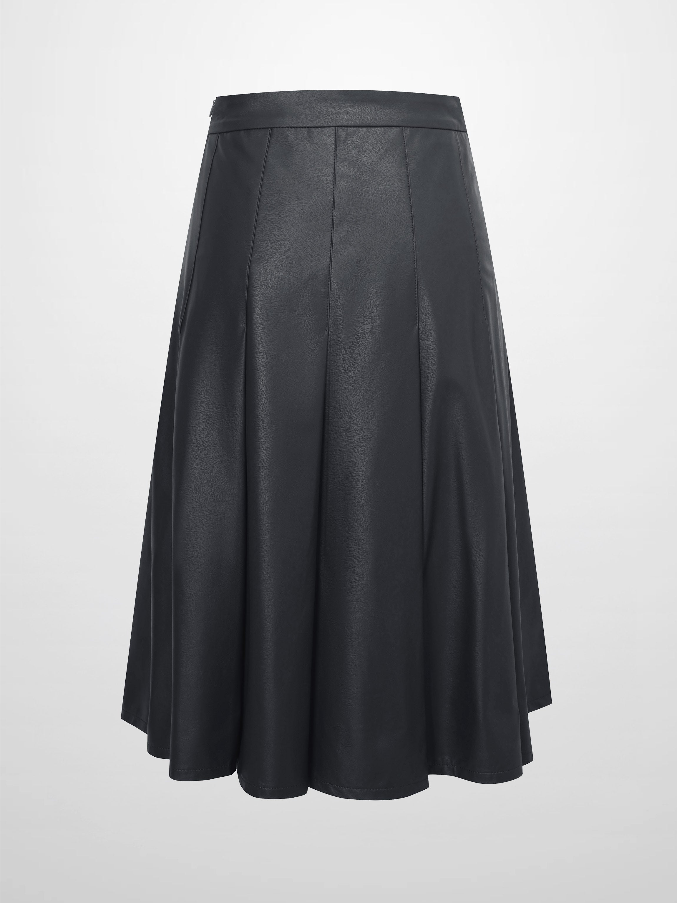 Faux Leather Stitch Down Pleated Skirt-Black