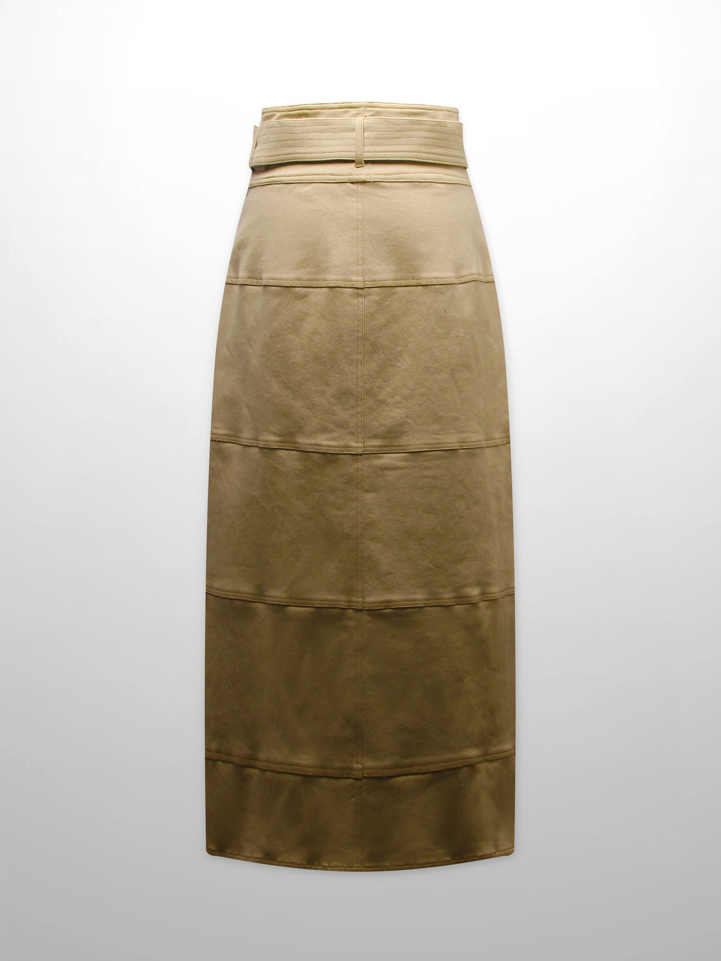 Stitched Tiered Belted Denim Skirt-Khaki