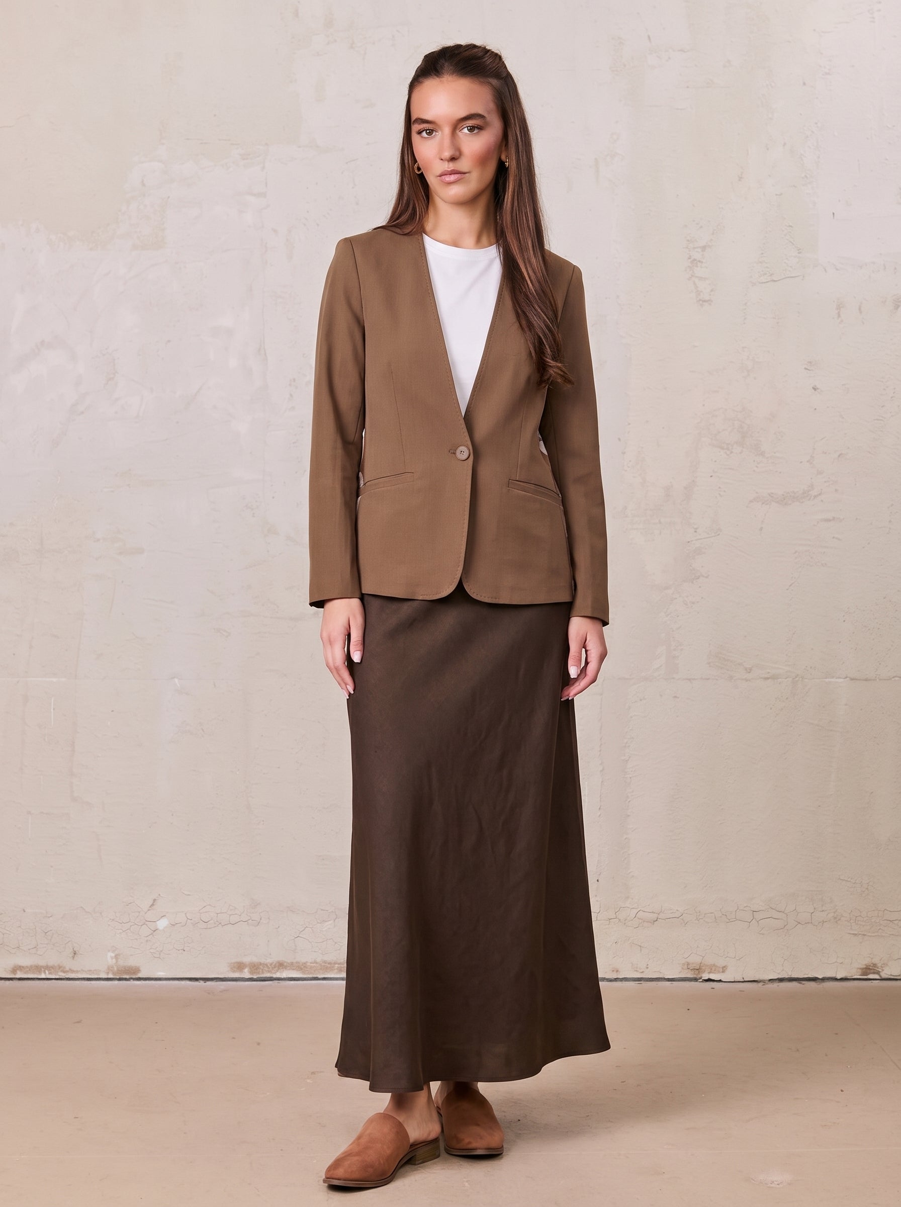 Silky Back Printed Blazer-Brown/Cream