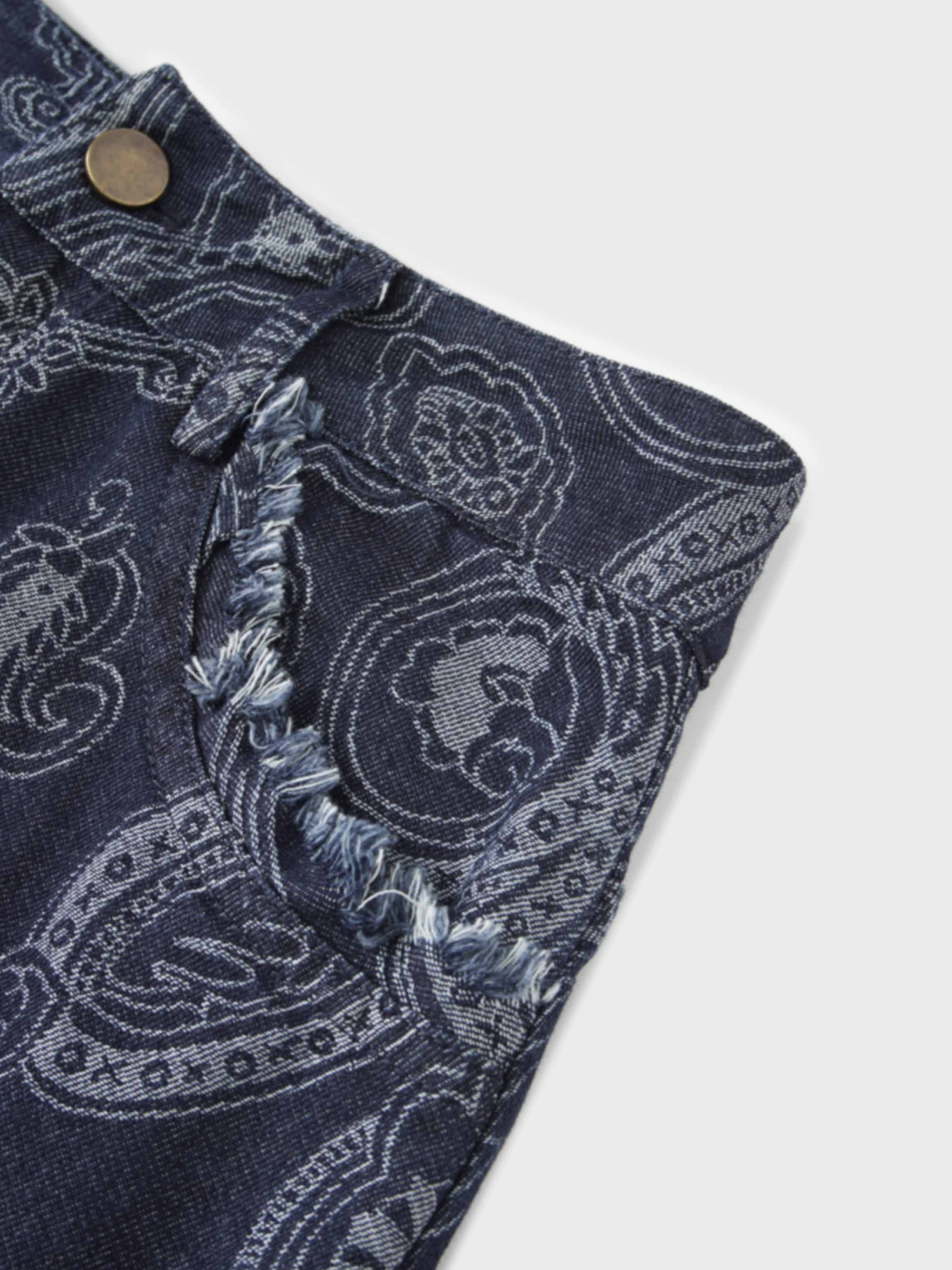 Printed Fringe Denim Skirt-Paisley Print