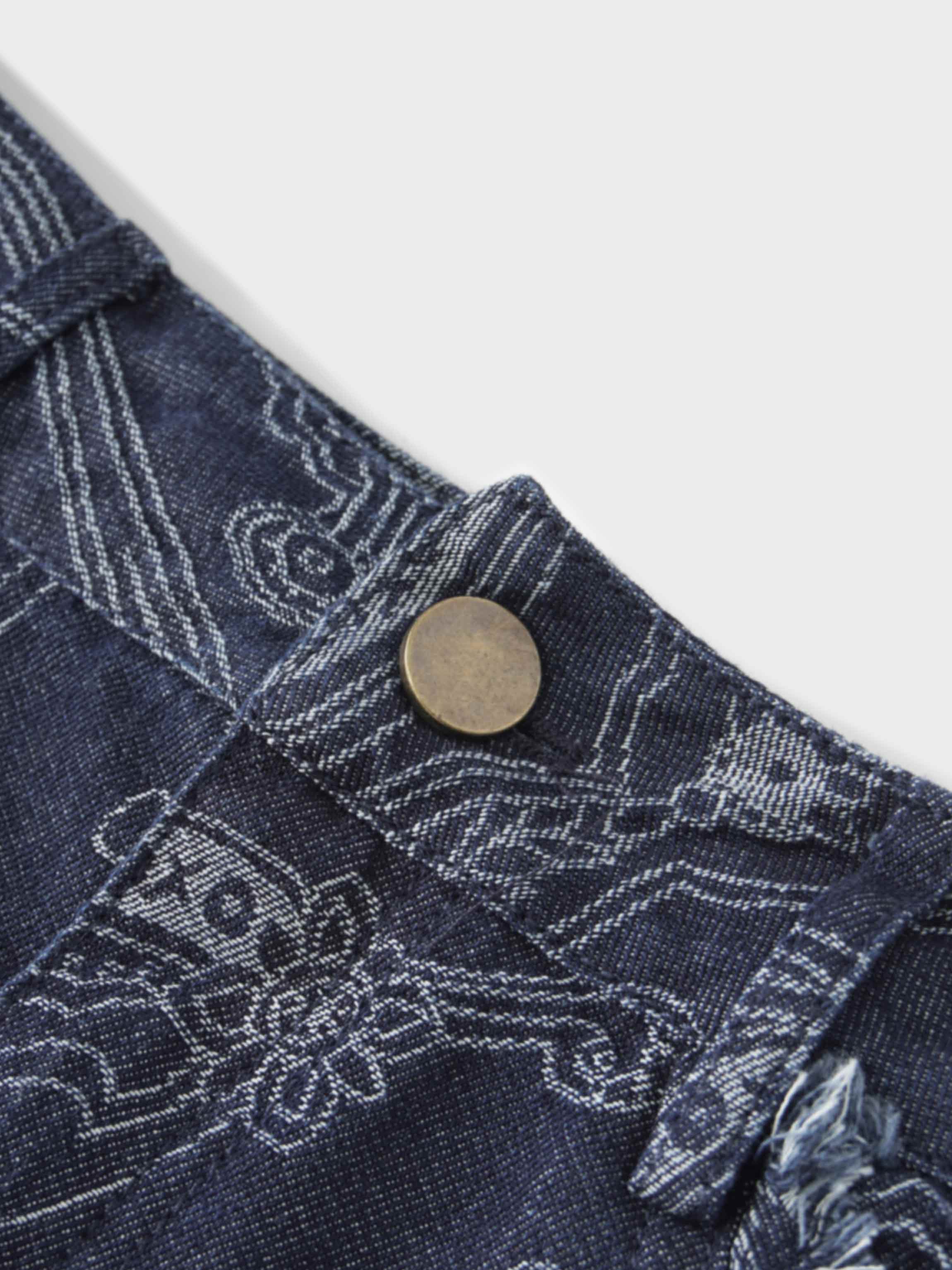 Printed Fringe Denim Skirt-Paisley Print