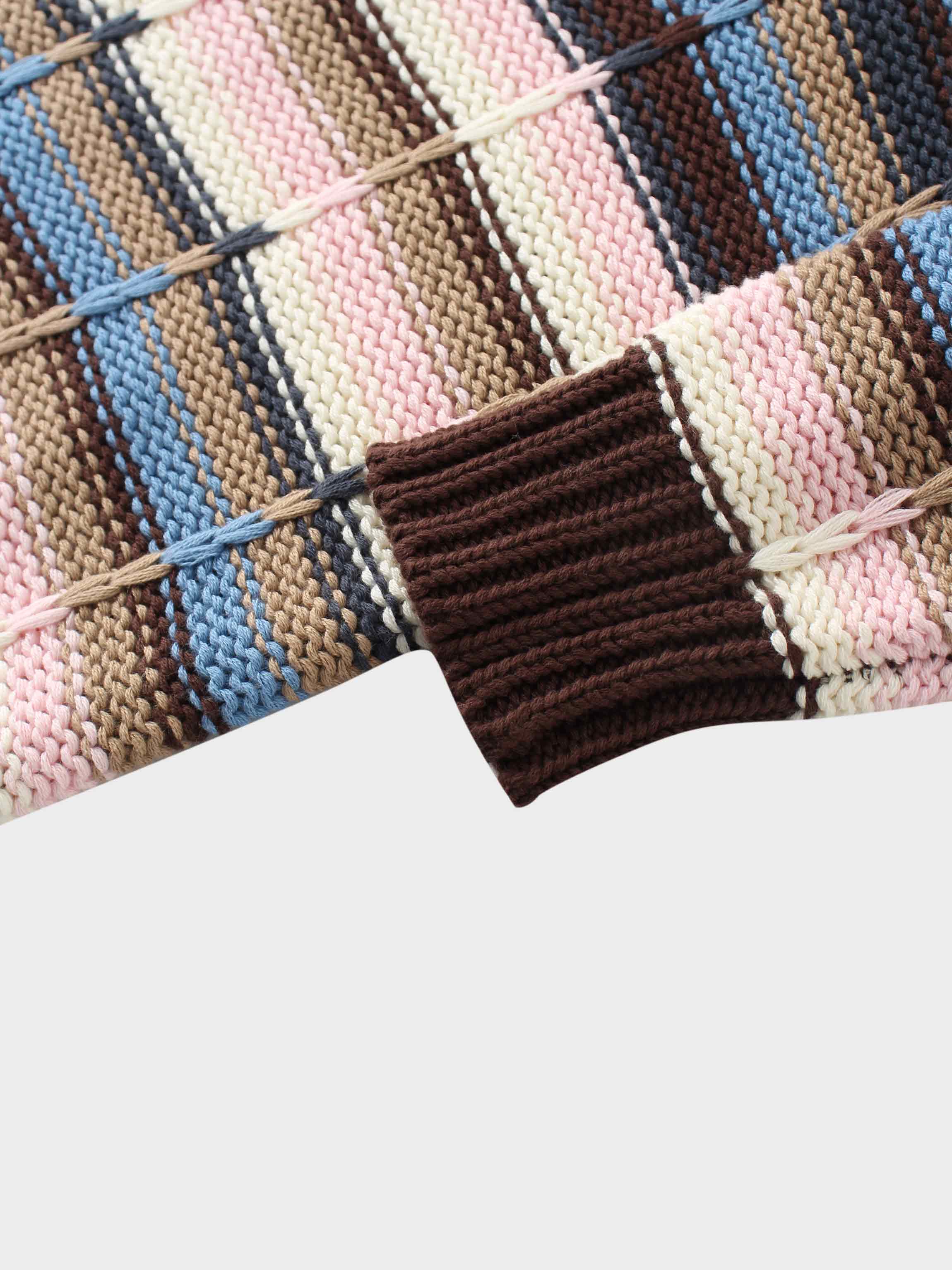 Overstitch Detail Striped Sweater-Brown