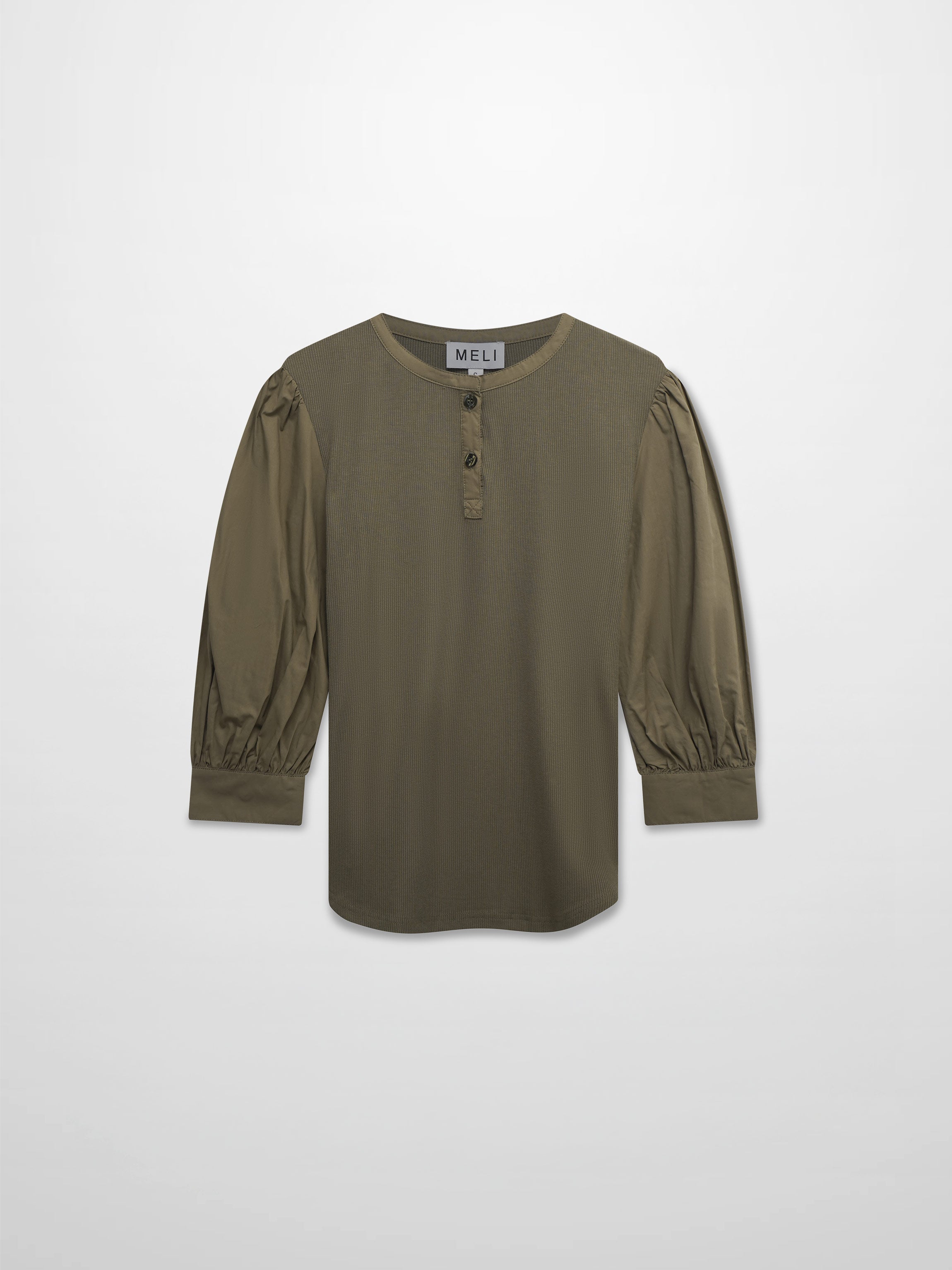 Puff Sleeve Ribbed T-Shirt-Olive