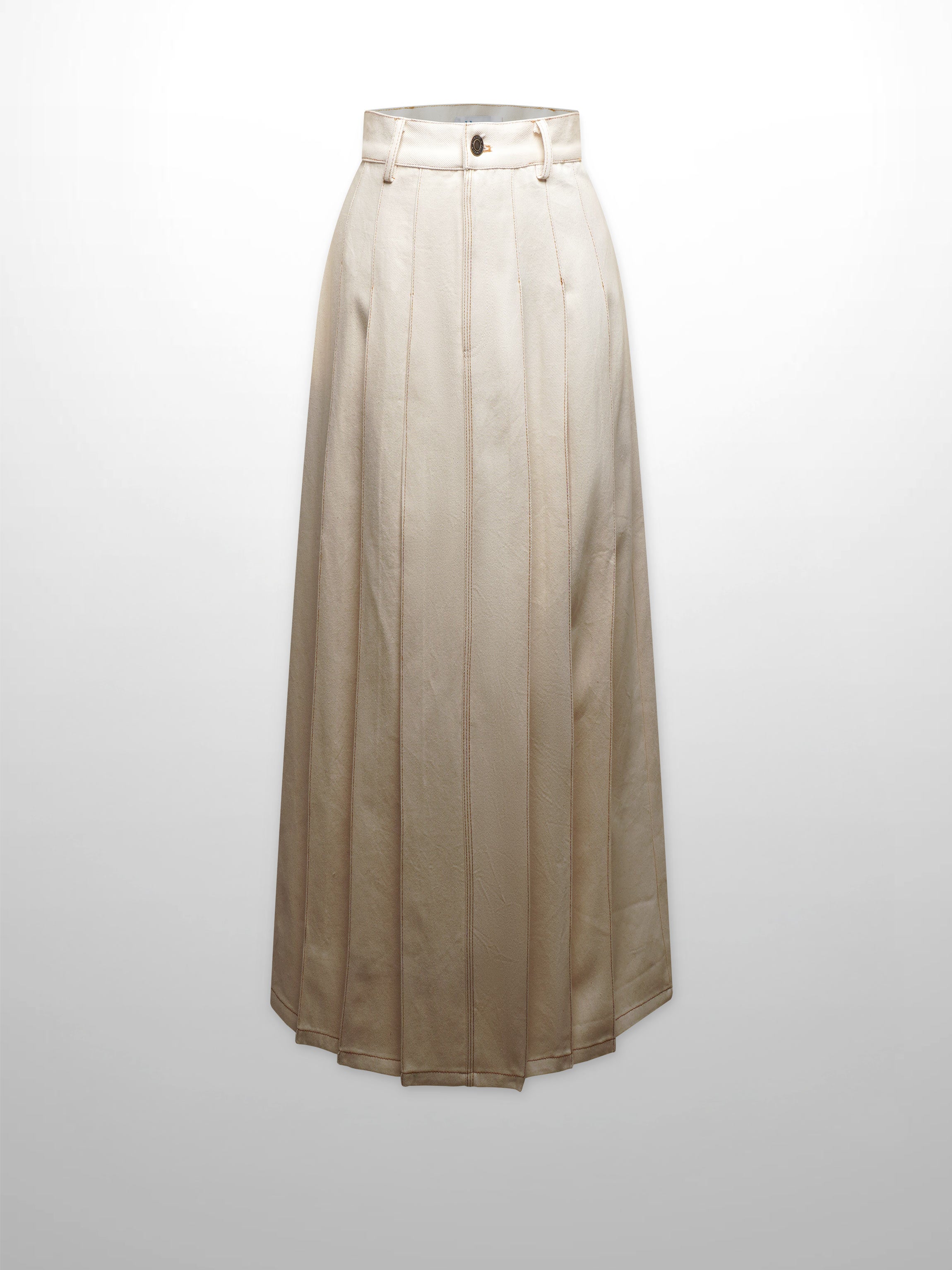 Stitched Pleated Denim Skirt-Cream
