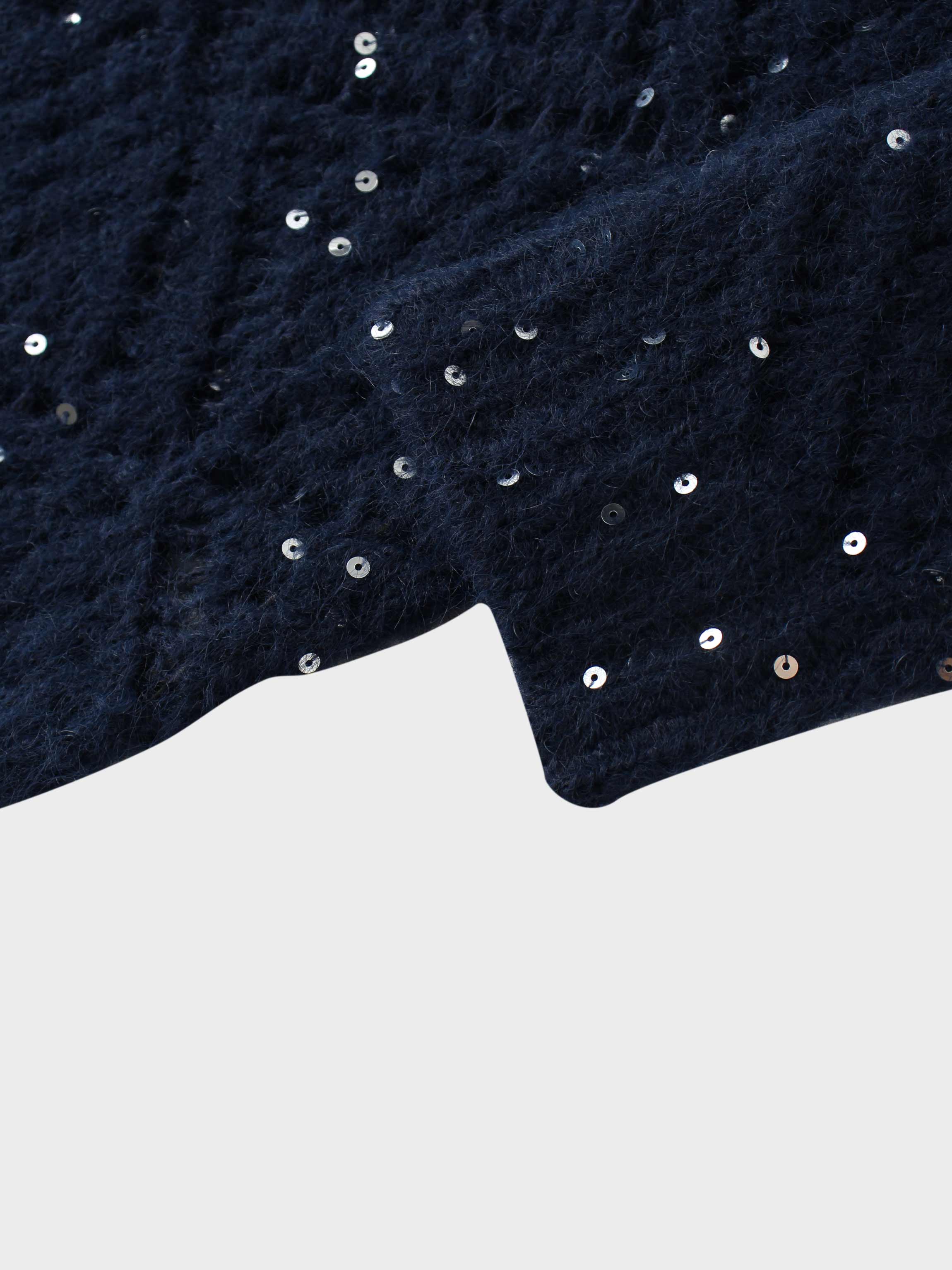 Open Crochet Knit Sequin Sweater-Navy