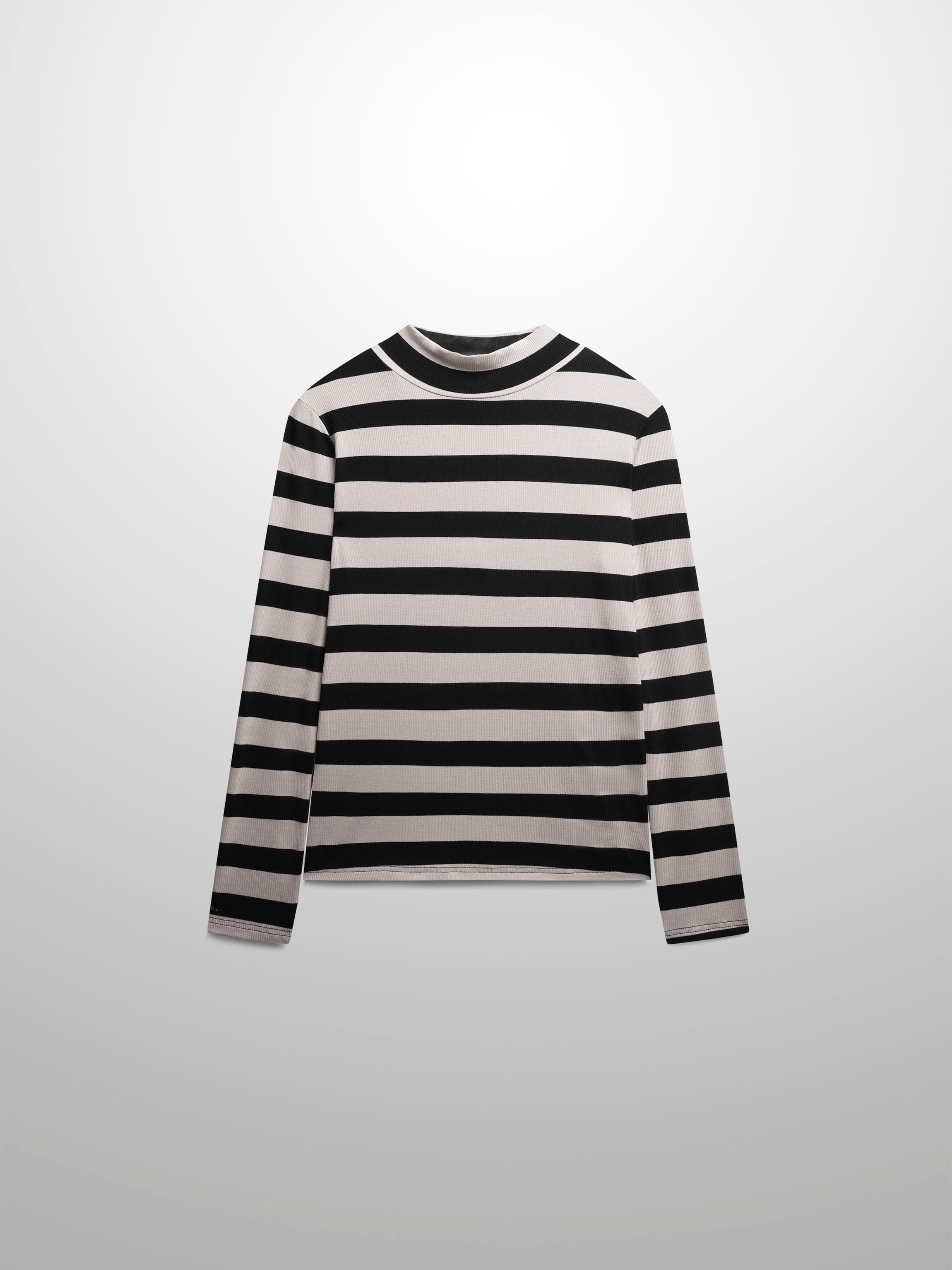 Striped Ribbed Turtleneck-Black/Cream