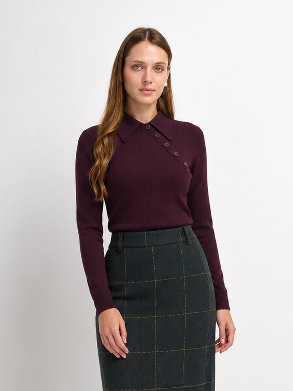 Asymmetrical Button Collar Sweater - Burgundy