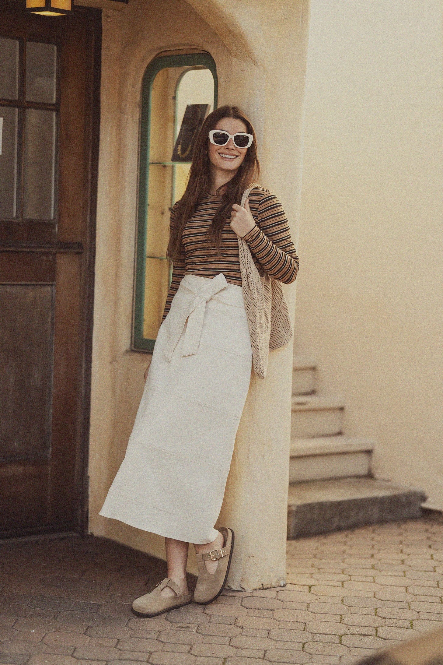 Stitched Tiered Belted Denim Skirt-Cream