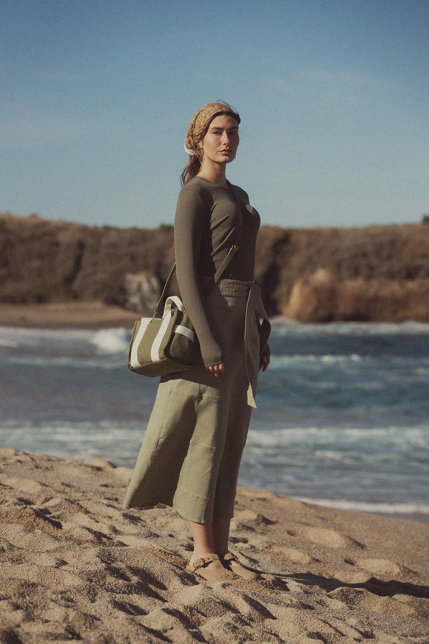 Stitched Tiered Belted Denim Skirt-Sage Green