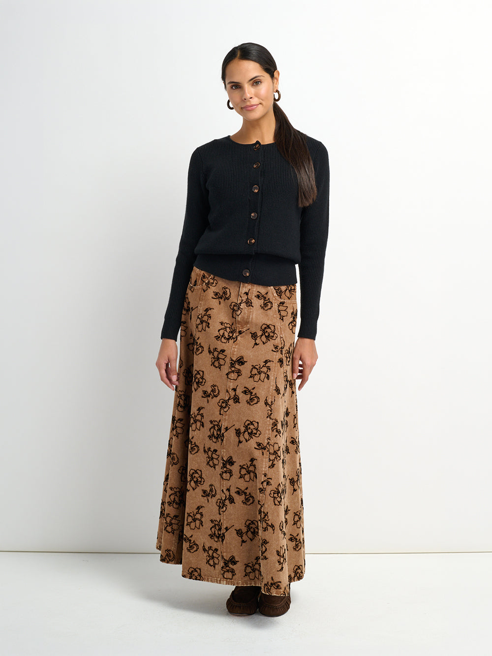 Printed Denim Flare Skirt - Brown/Black Floral