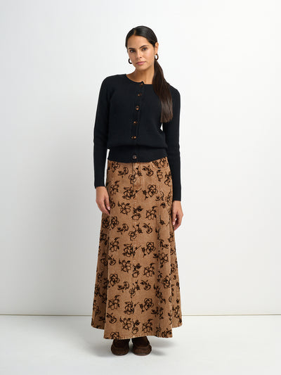 Printed Denim Flare Skirt - Brown/Black Floral
