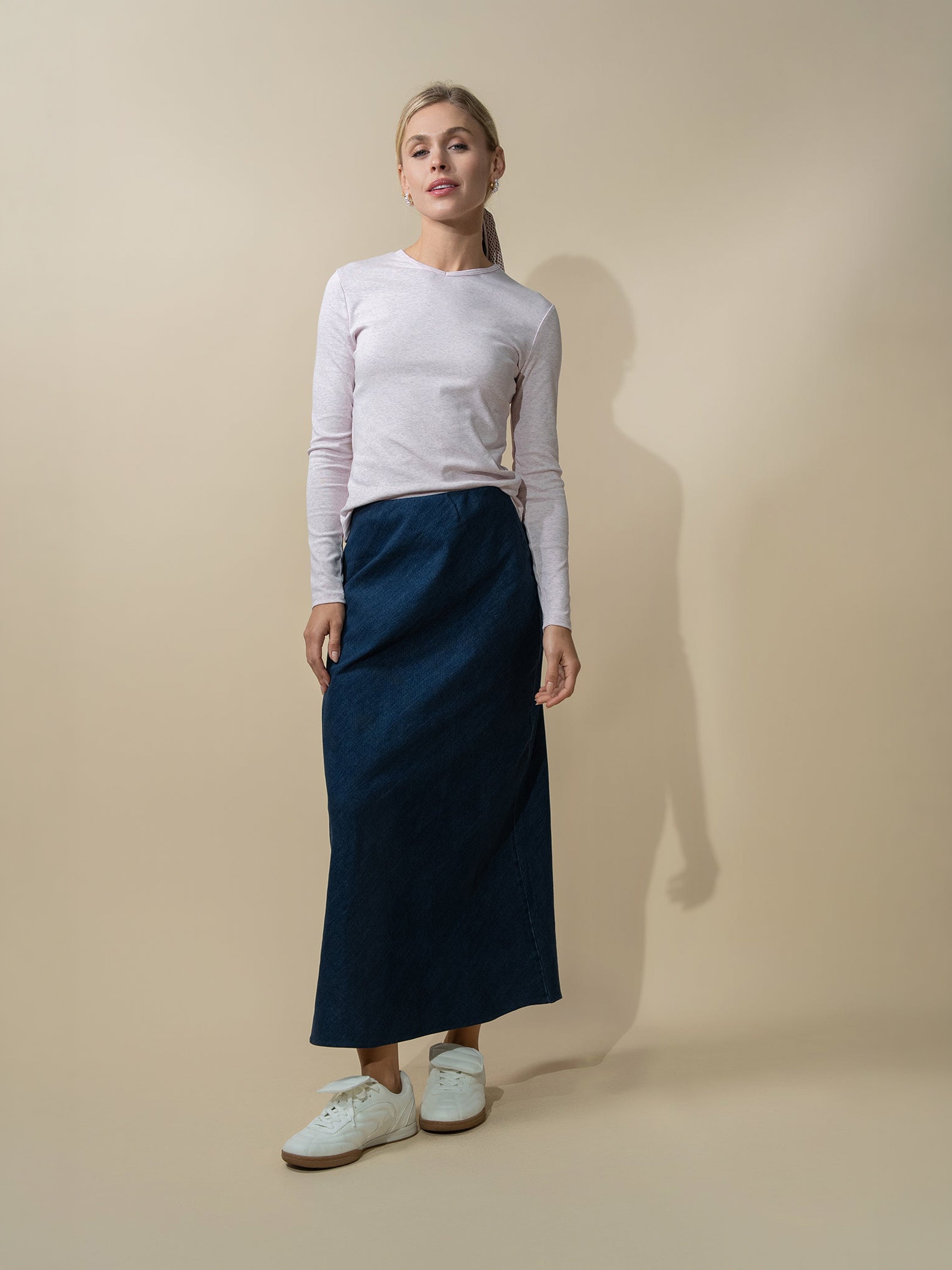 Basic High V Tee Long Sleeve-Heathered Pink/Grey