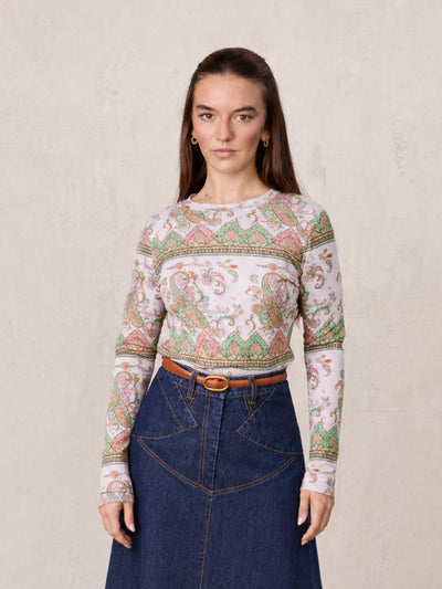 Basic Printed T-shirt-Pink Green Paisley