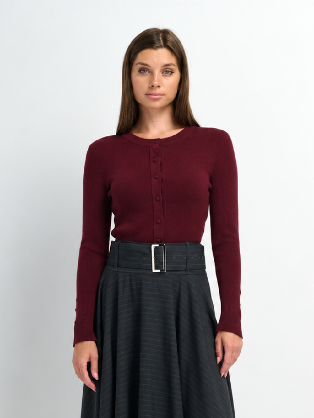 Basic Crew Knit Cardigan 17"- Burgundy