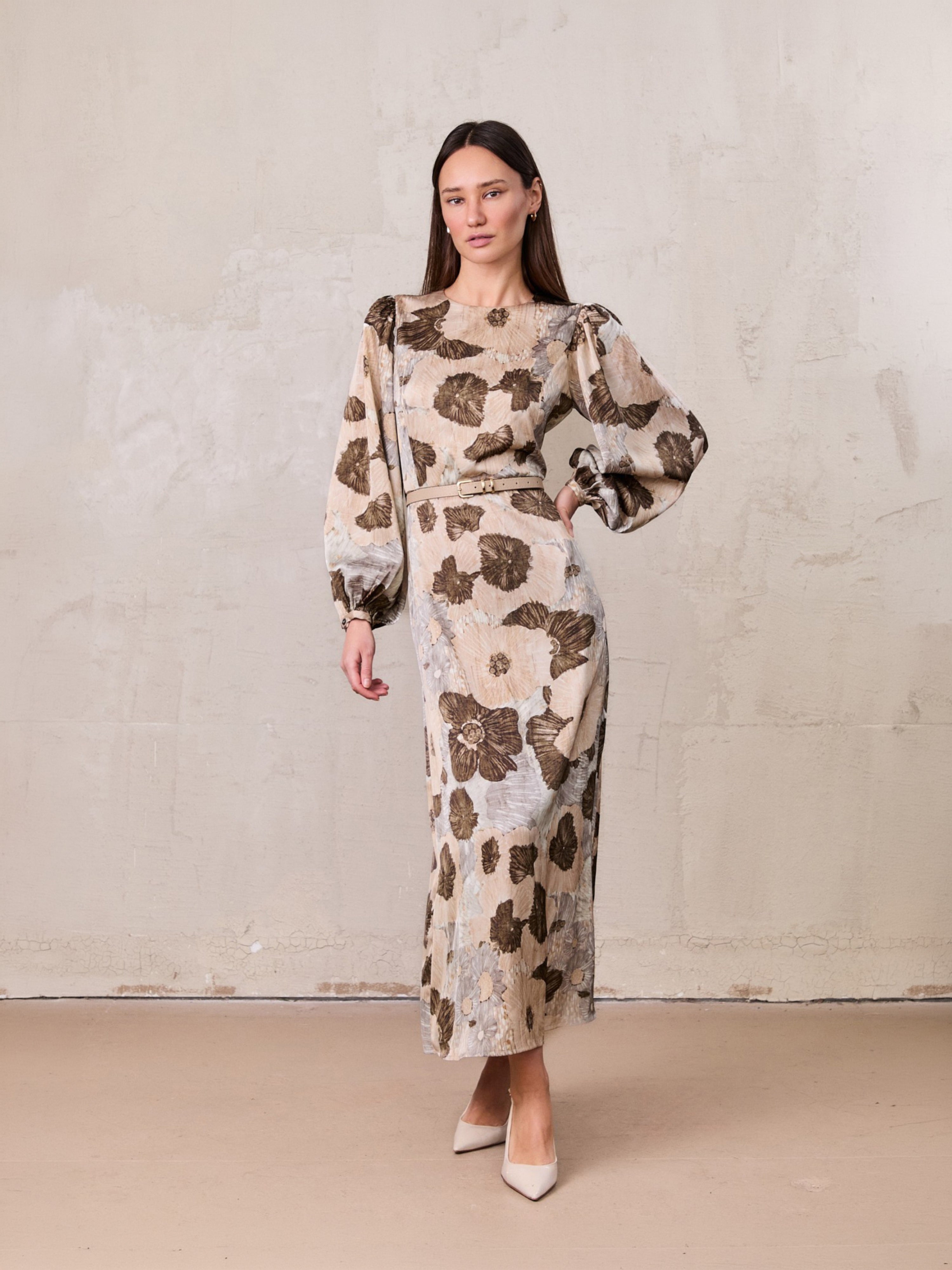 Belted Full Sleeve Dress-Floral