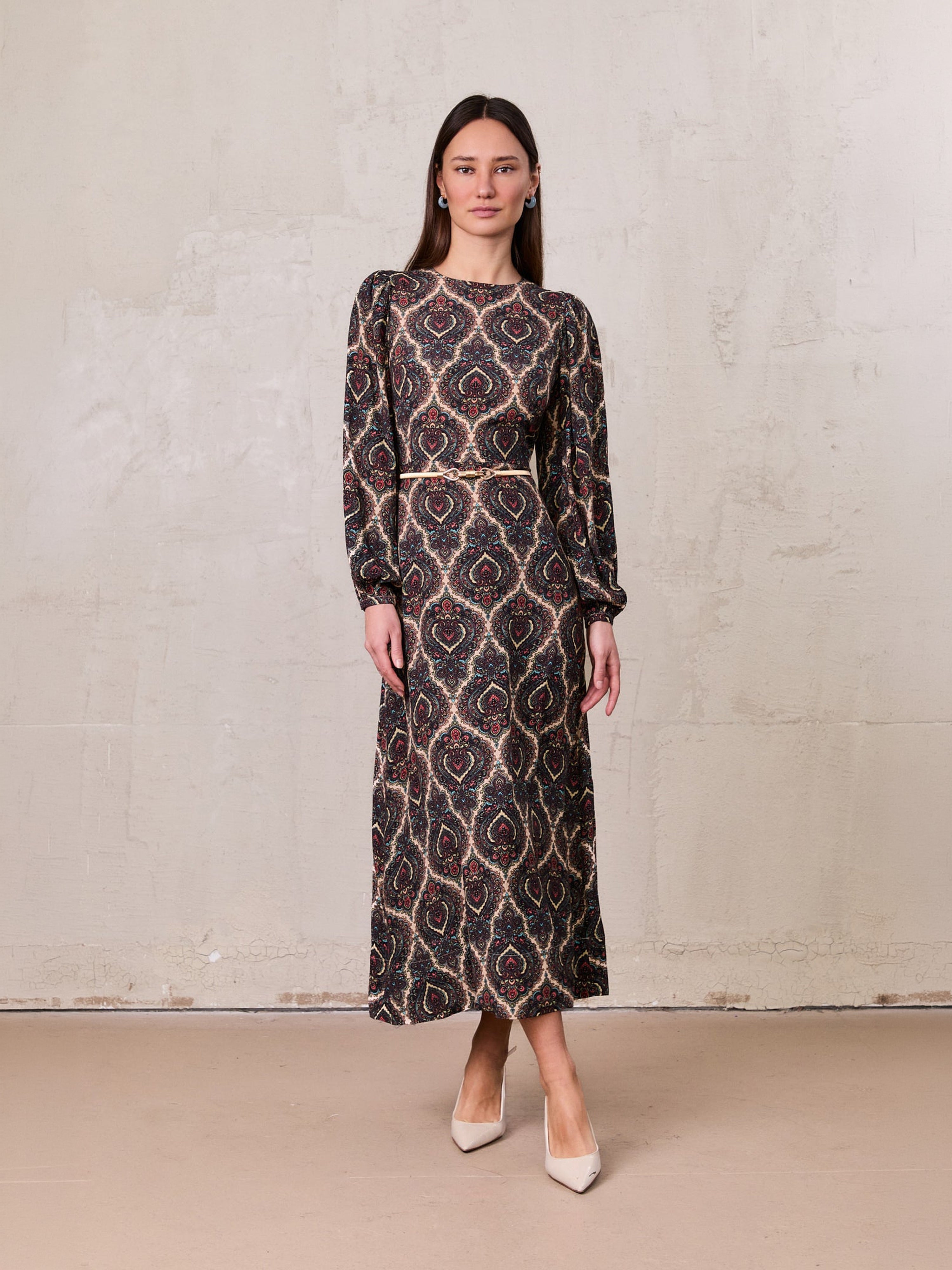 Belted Full Sleeve Dress-Medallion