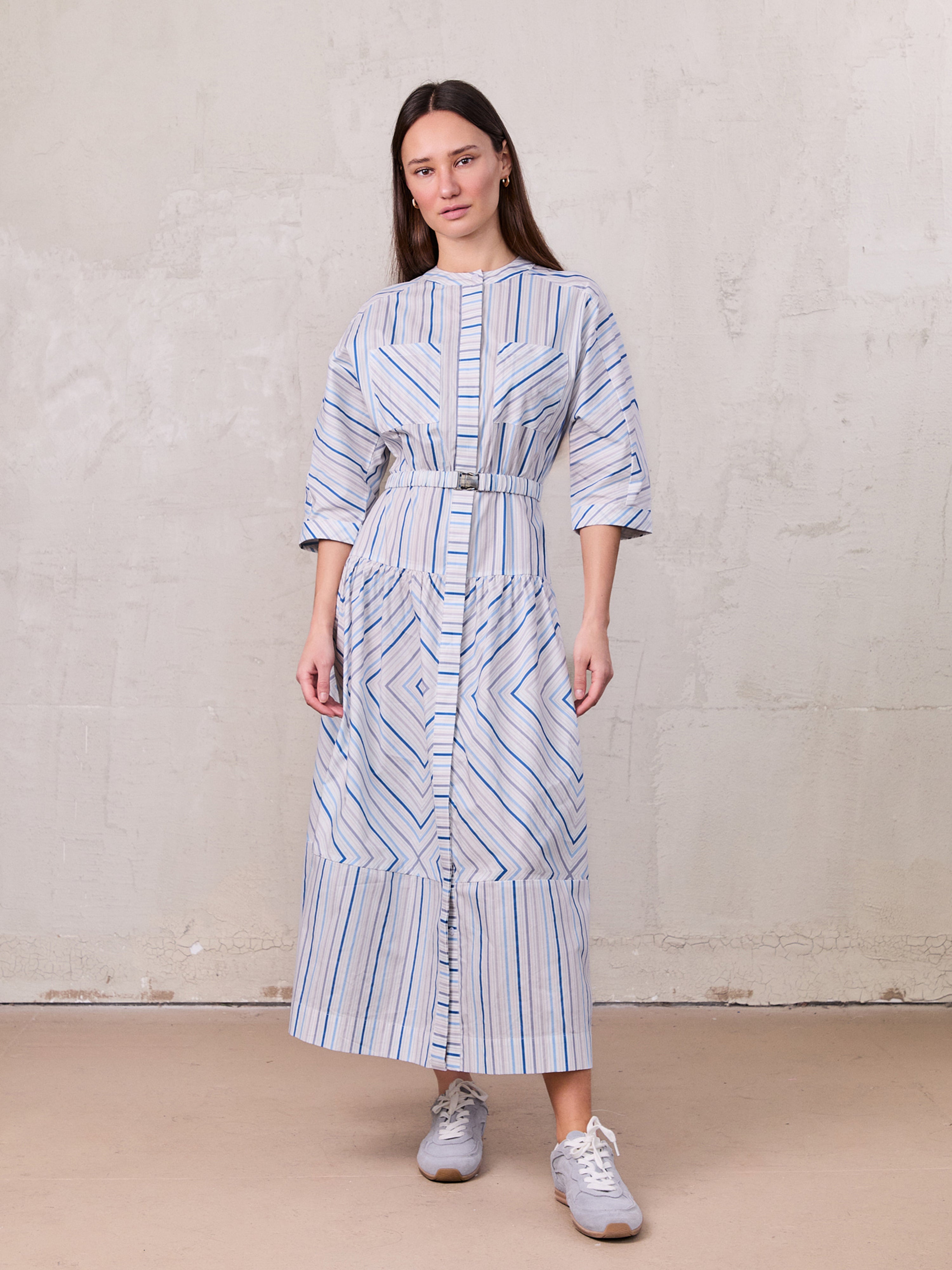 Belted Wide Sleeve Dress-Blue Stripe