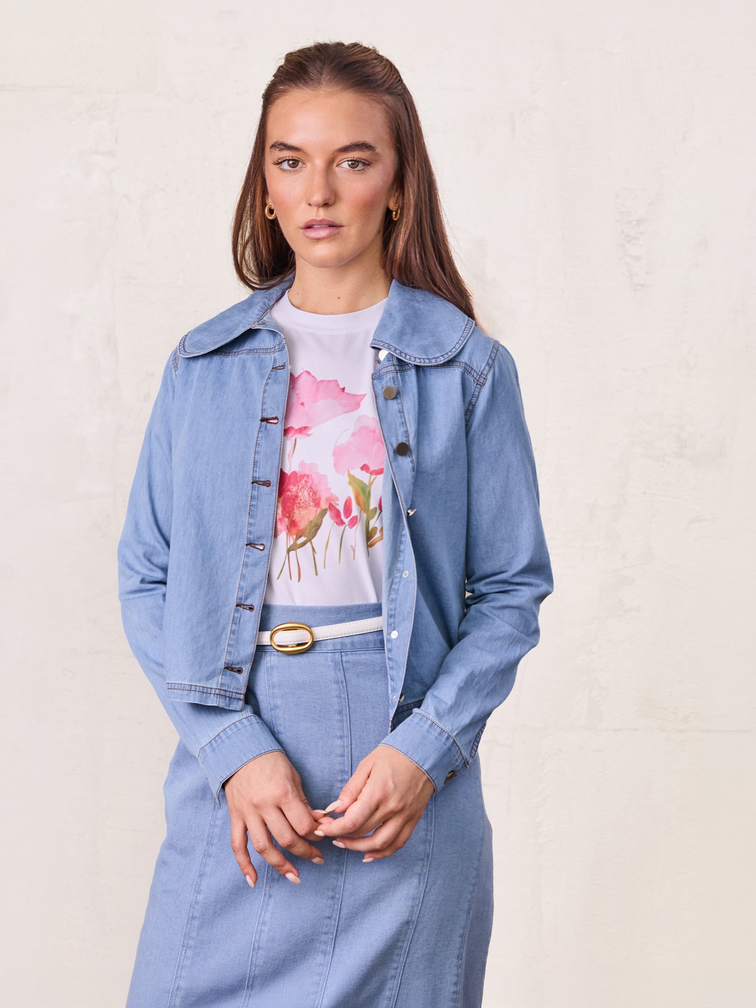 Boxy Denim Collared Top-Light Blue