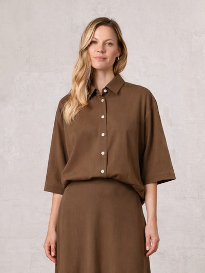Boxy Dolman Sleeve Crinkle Blouse-Brown