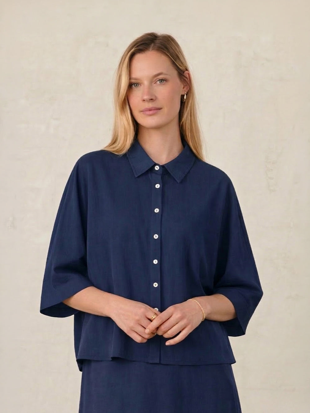 Elegant Navy Button-Front Blouse for Women | Relaxed Fit Top