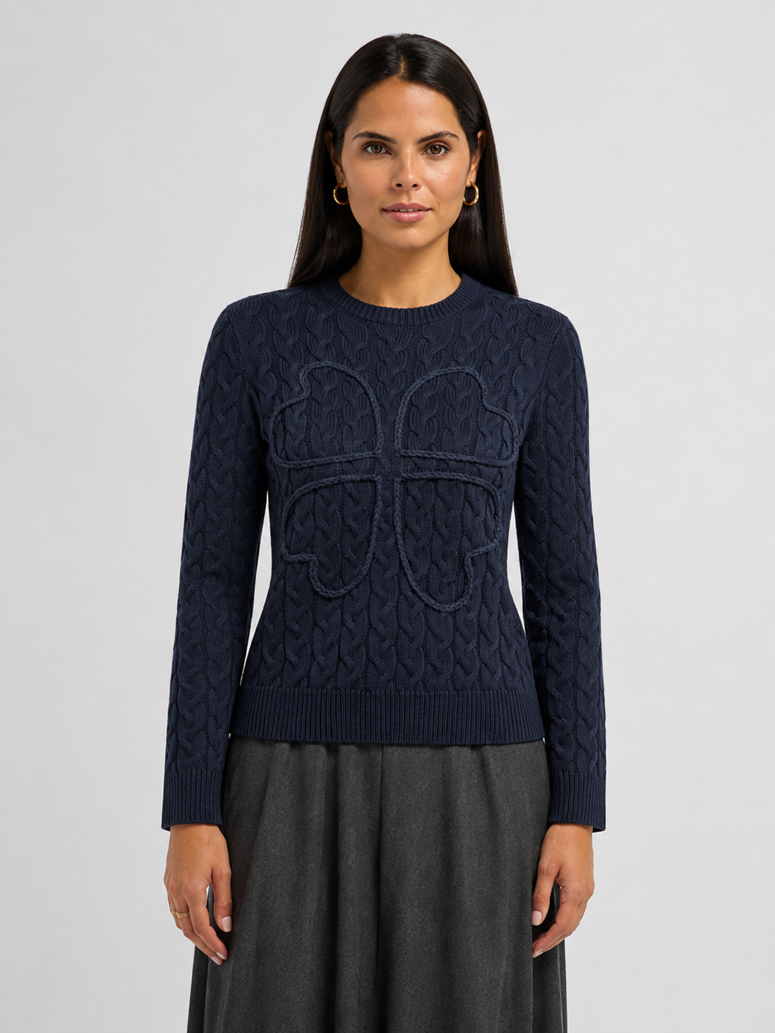 Braided Heart Cable Sweater - Navy